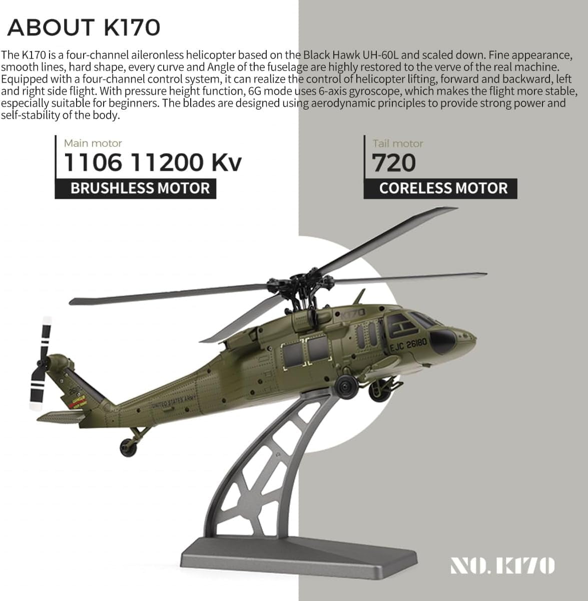Bruce & Shark RC Helicopter K170 Black Hawk UH-60L 4CH Flybarless Remote Control Aircraft (Black, 10.2 in Rotor) mewcm