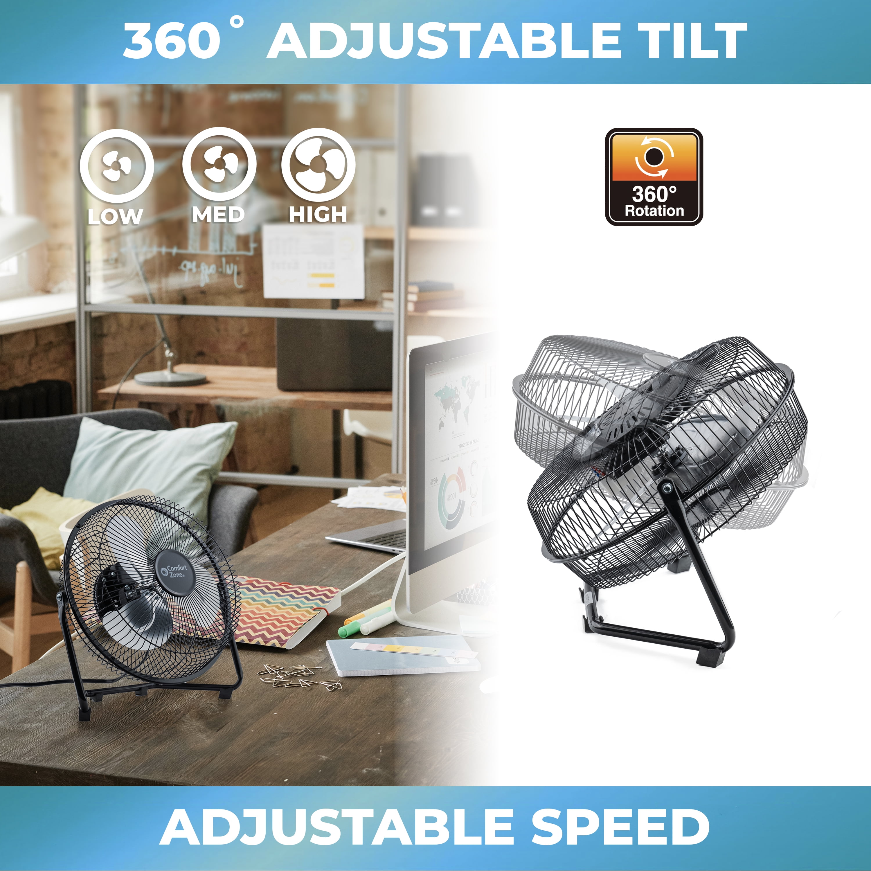 Comfort Zone 9 in. Cradle Floor Fan, 3-Speed Electric Air Circulator with Adjustable Tilt (Black, 11.4 in. Height) 4mppg
