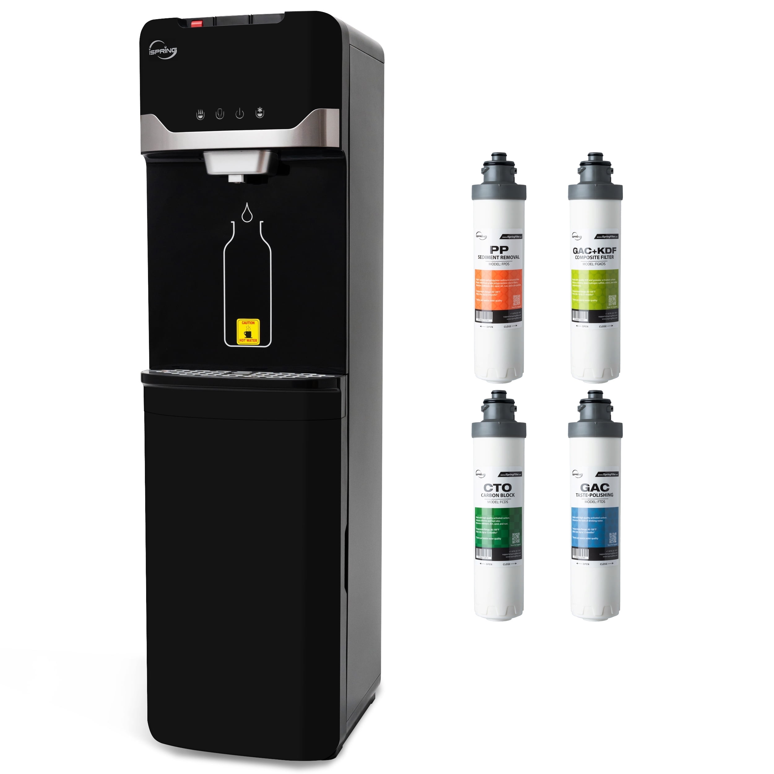iSpring Water Dispenser with 4-Stage Filtration System, Hot/Cold/Room Temp, Self-Cleaning (Black, 1 Unit) krtcm