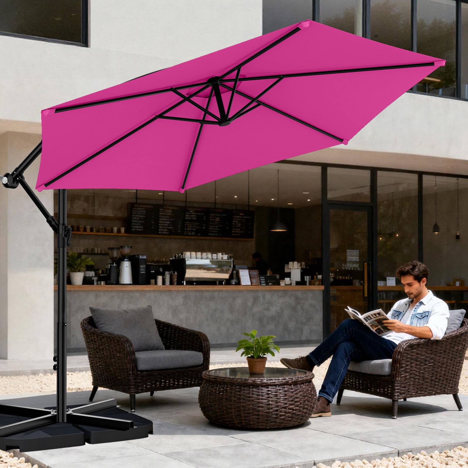 Easthome 10ft Offset Hanging Patio Umbrella with Tilt Adjustment and Wind Vent (Pink, 10 ft) x3qt1