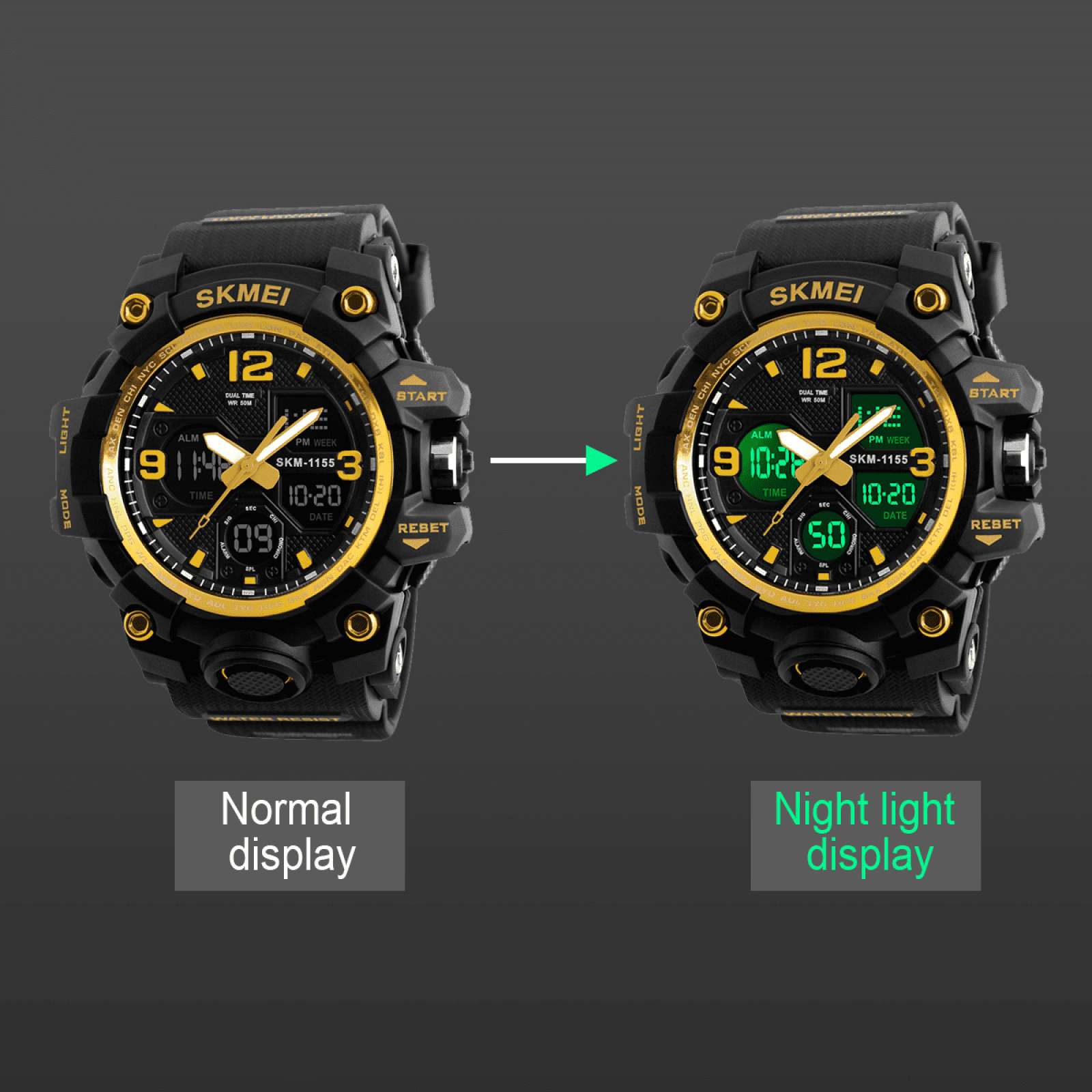 SKMEI Men's Digital Sports Watch, Large Face Military Style LED Display with Alarm and Stopwatch (Gold, 1.97 in) wu4s2