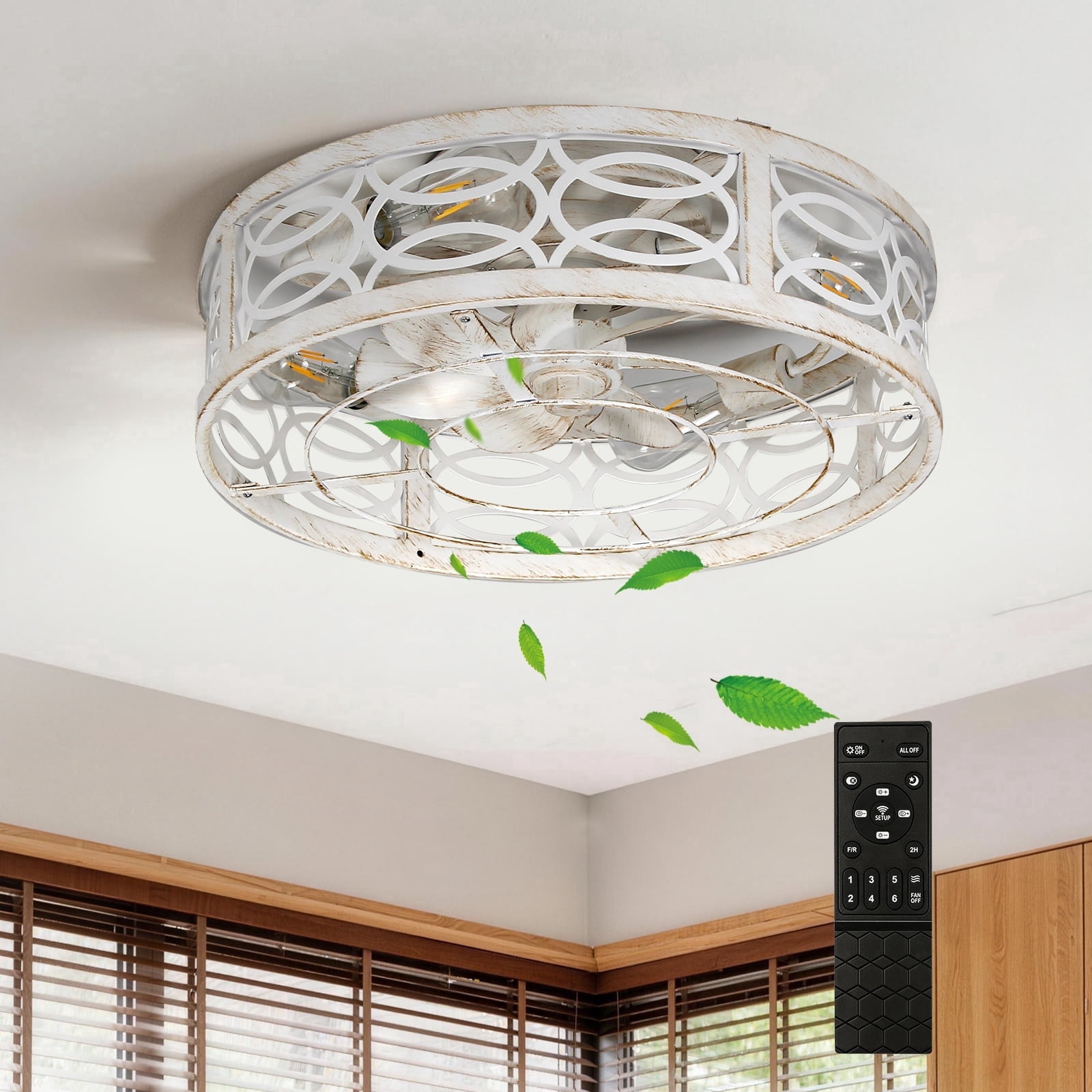 RJFKSNC Caged Ceiling Fan with Lights and Remote, Flush Mount Low Profile Indoor Fan for Bedroom and Kitchen (20 in) u7bzq