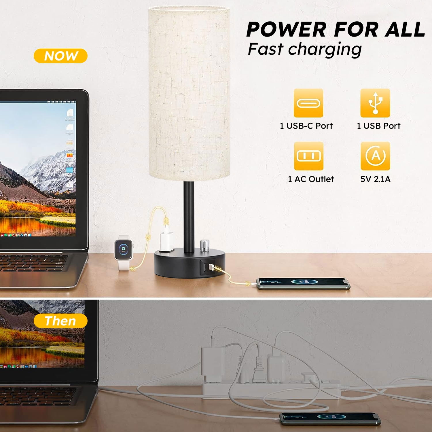 HadinEEon Bedside Table Lamp, Dimmable Industrial Desk Light with USB C&A Charging Ports and AC Outlet (Black, 15 in) wnrvo