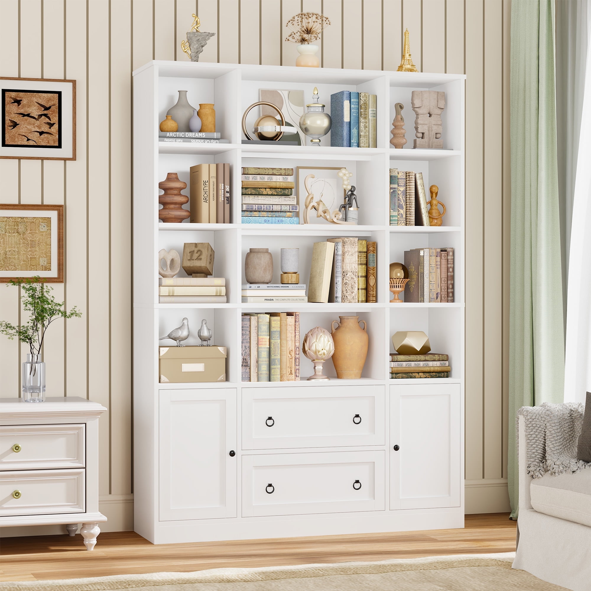Homfa 12-Cube Tall Bookshelf with Storage Drawers and Doors (White, 71.1 in H x 47.2 in W x 11.8 in D) gkov0