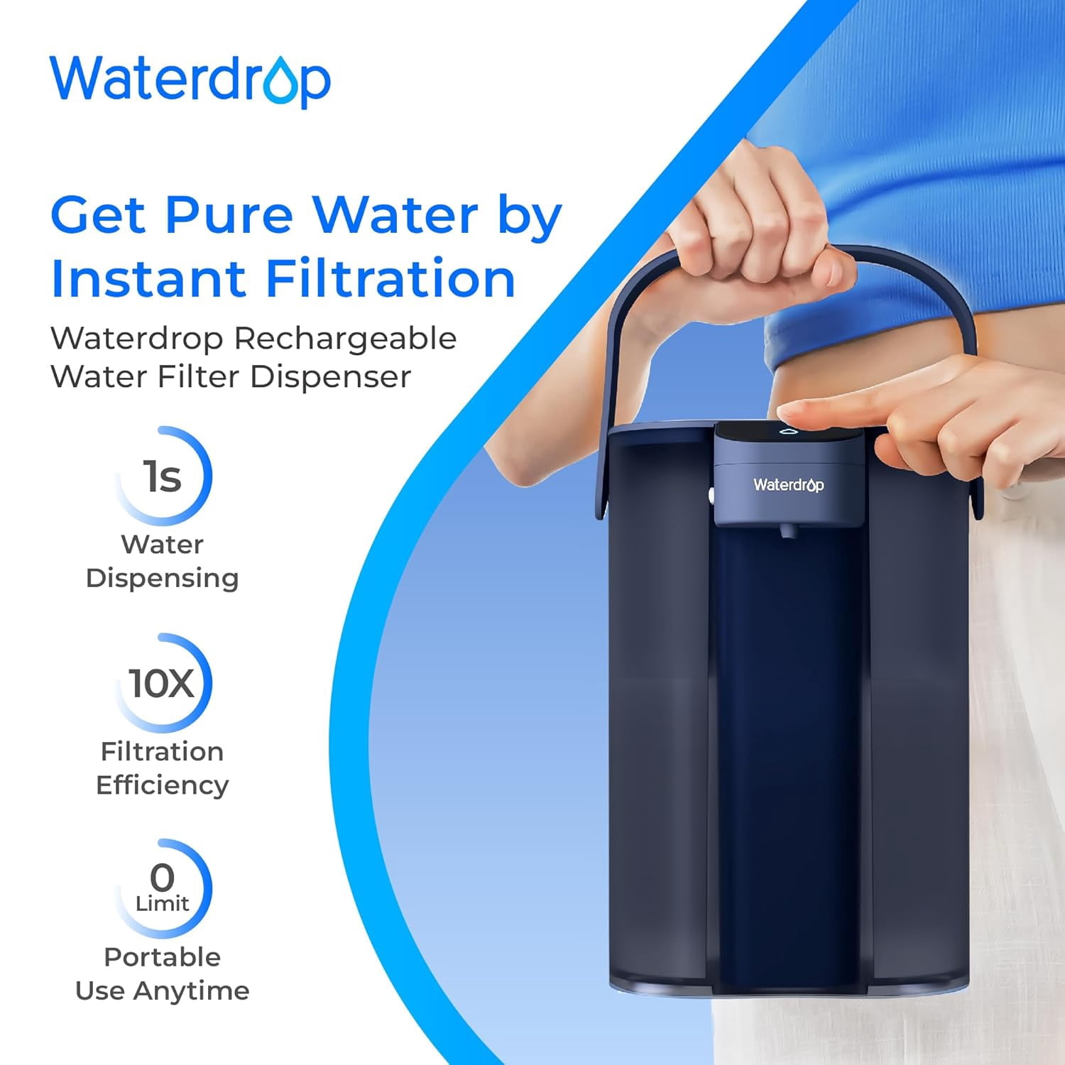 Waterdrop Electric Water Filter Pitcher, Countertop Filtration System for Chlorine, Lead, and PFAS Reduction (Blue, 15-Cup) 2fcuy