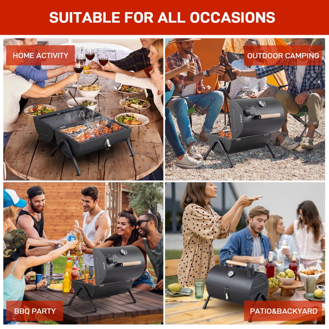 Triple Tree Portable Charcoal Grill with Thermometer and Wooden Handle, Compact Tabletop BBQ Smoker for Outdoor Camping (Black, 13.5 in x 8.5 in) 3jfp7