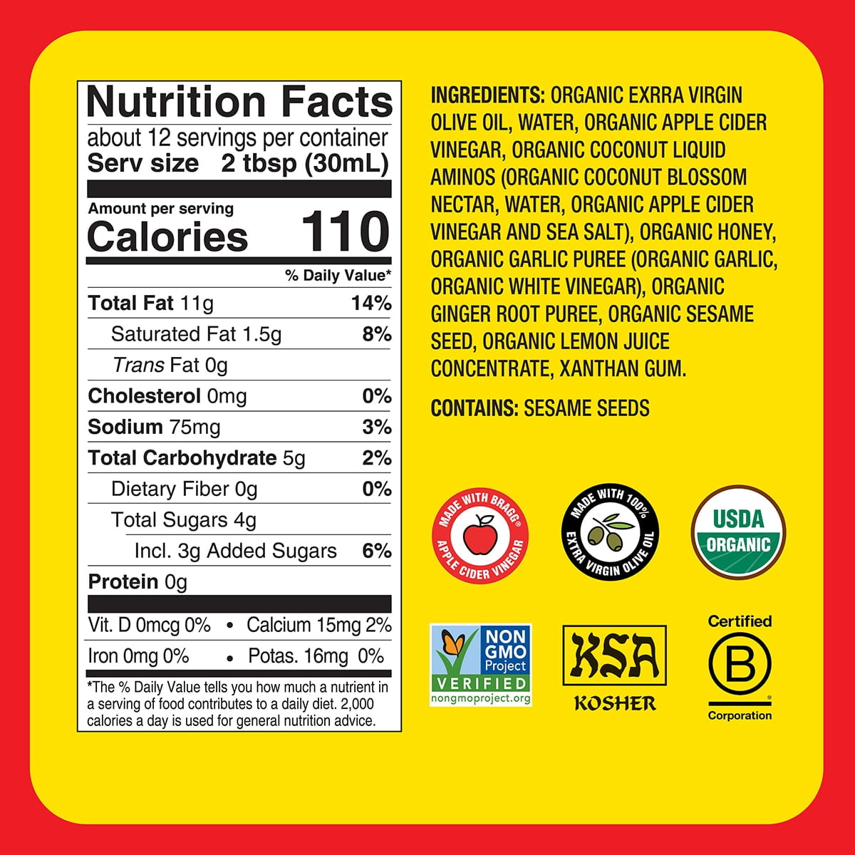 Bragg Organic Ginger Sesame Salad Dressing and Marinade with Apple Cider Vinegar (6 Pack, 12 fl oz) hycdz