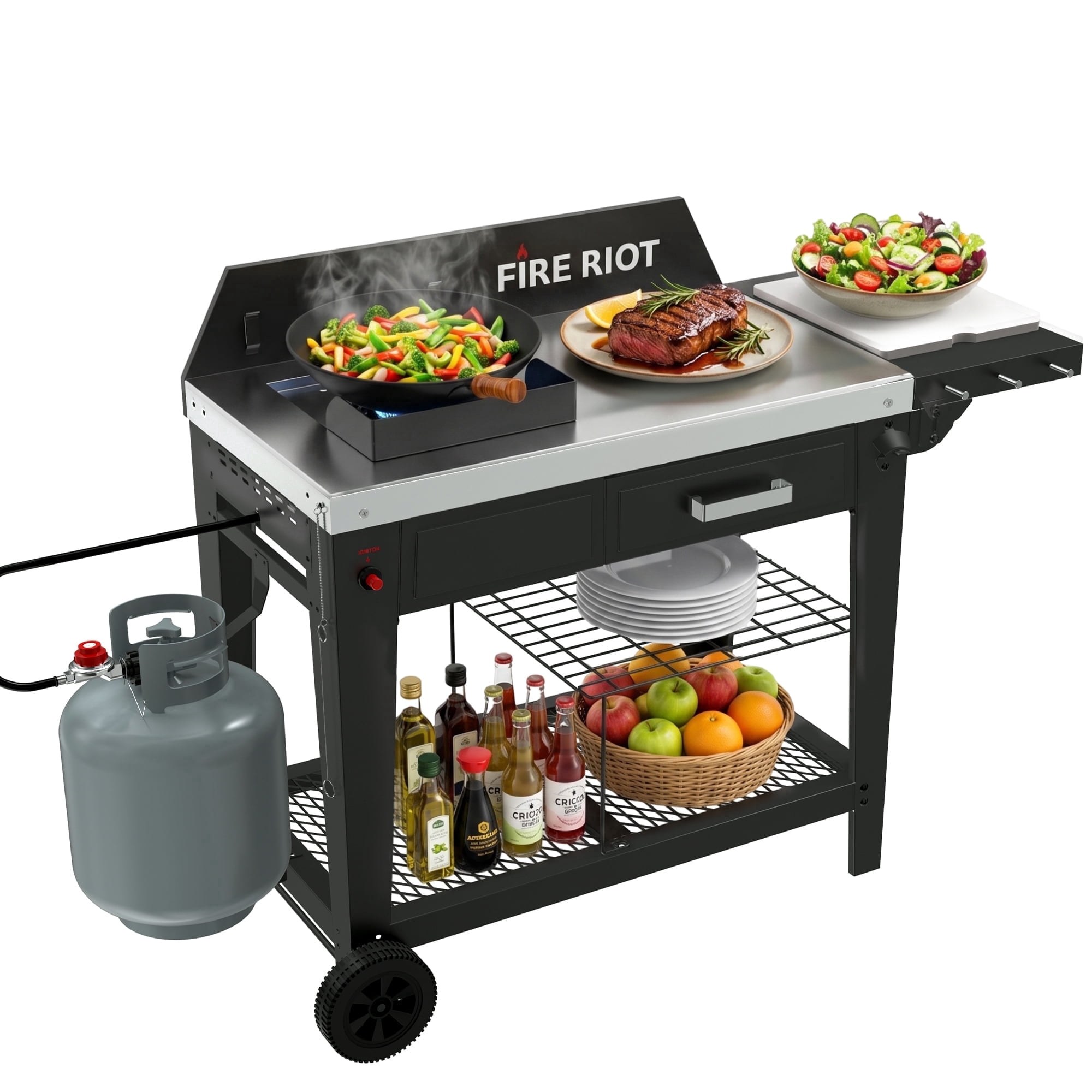 FIRE RIOT Outdoor Wok Burner and Propane Fryer Station with 12.6 in Carbon Steel Wok (Black, 50000 BTU) 8f1he