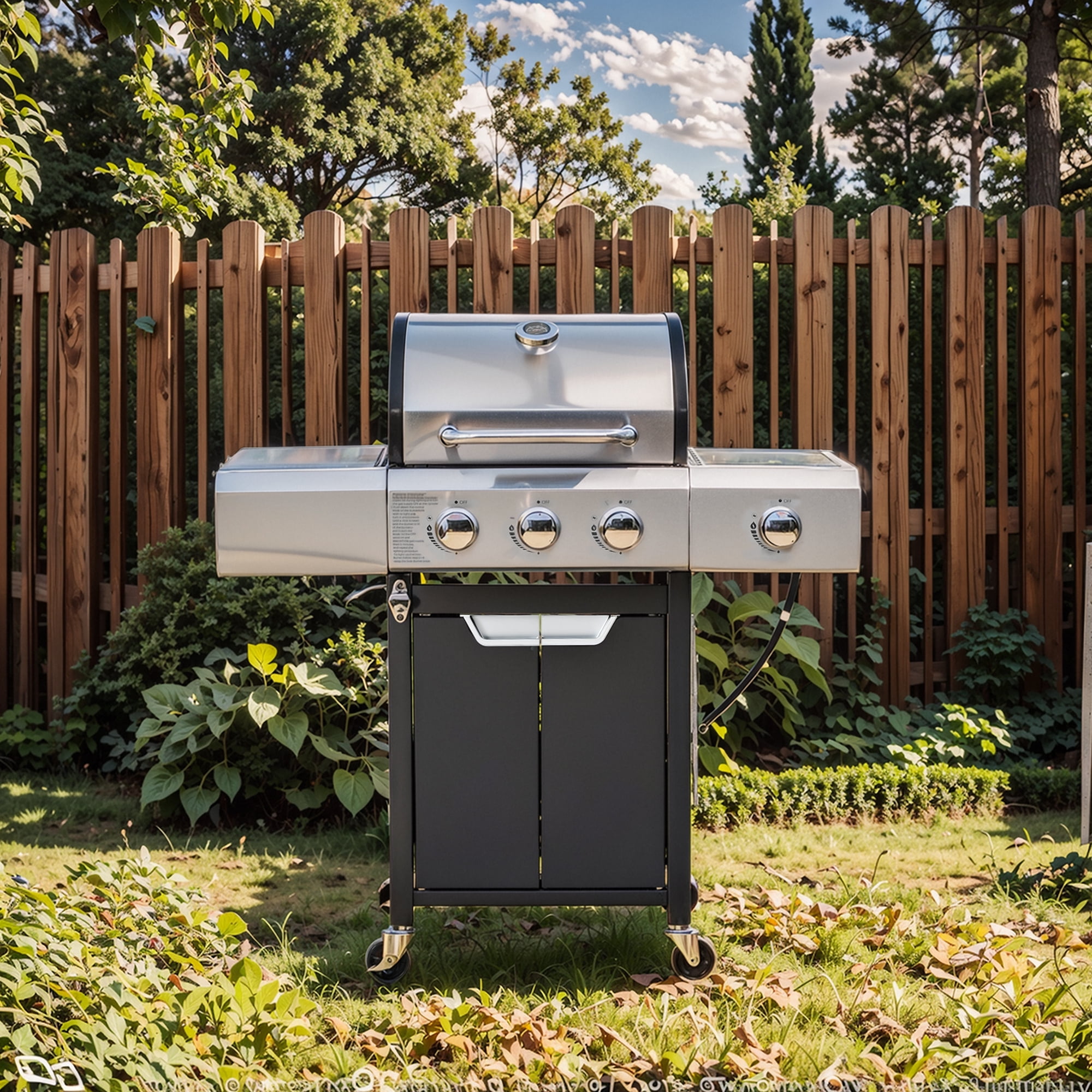 Syngar 3-Burner Propane Gas Grill with Side Burner, 40,500 BTU Outdoor BBQ Grill, Stainless Steel Construction (Silver, 287 sq.in. Cooking Area) wjg2k