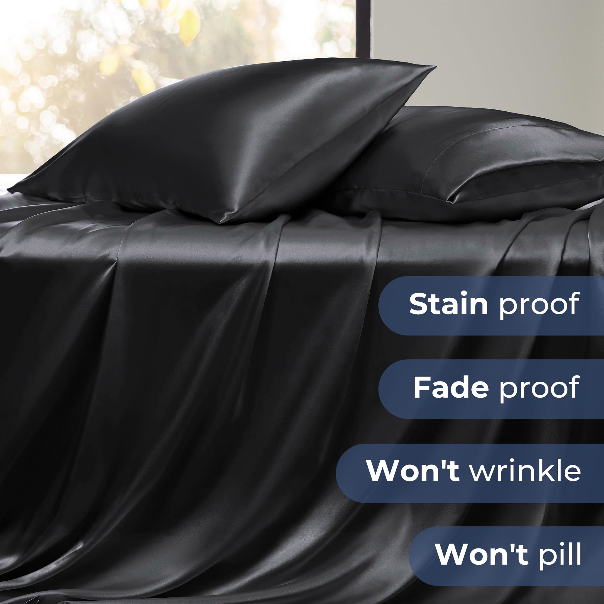 Seasonwood Satin Sheet Set, Silky Bedding Collection, Wrinkle-Resistant & Breathable (Black, Queen, 4-Piece) m18h3