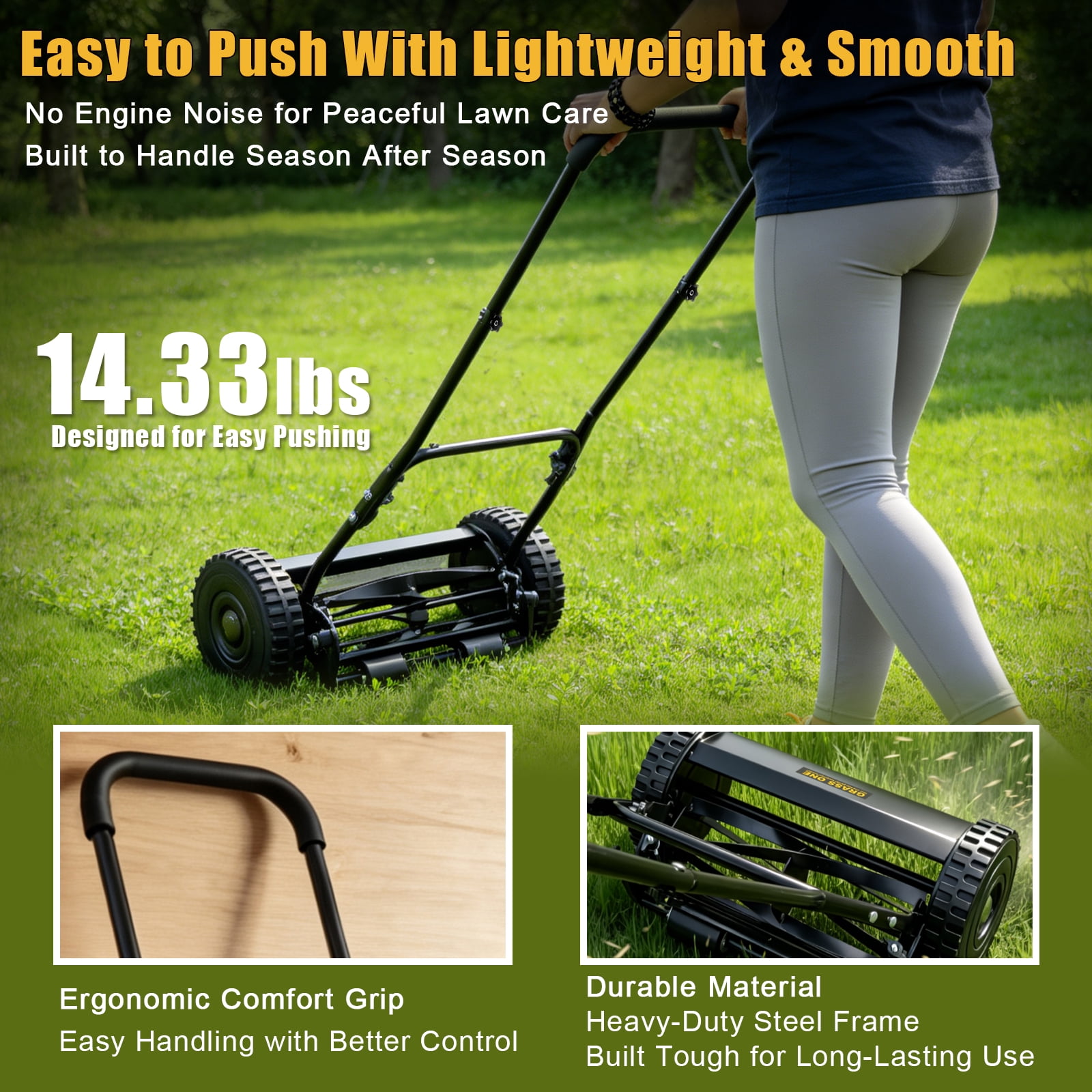 Grass One Manual Reel Push Lawn Mower with 5-Blade System (Black, 14 in) vq7ul
