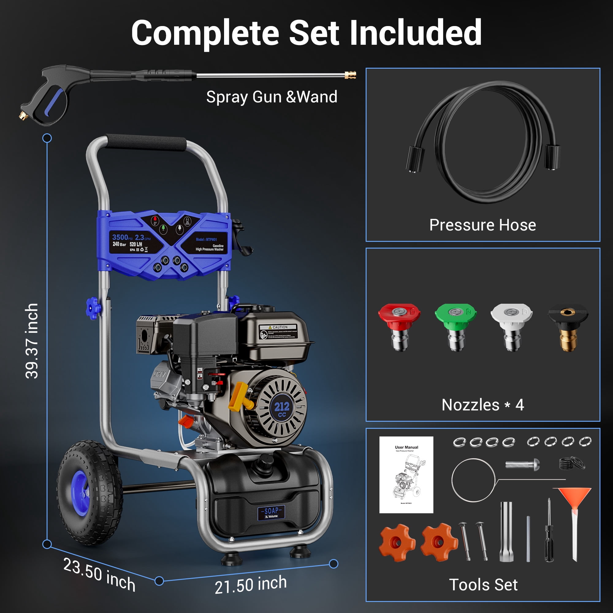 Efurden 3500 PSI Gas Pressure Washer, 212cc Engine 2.3 GPM High-Power Cleaner with 4 Quick-Connect Nozzles (Blue, 25 ft Hose) uvdru