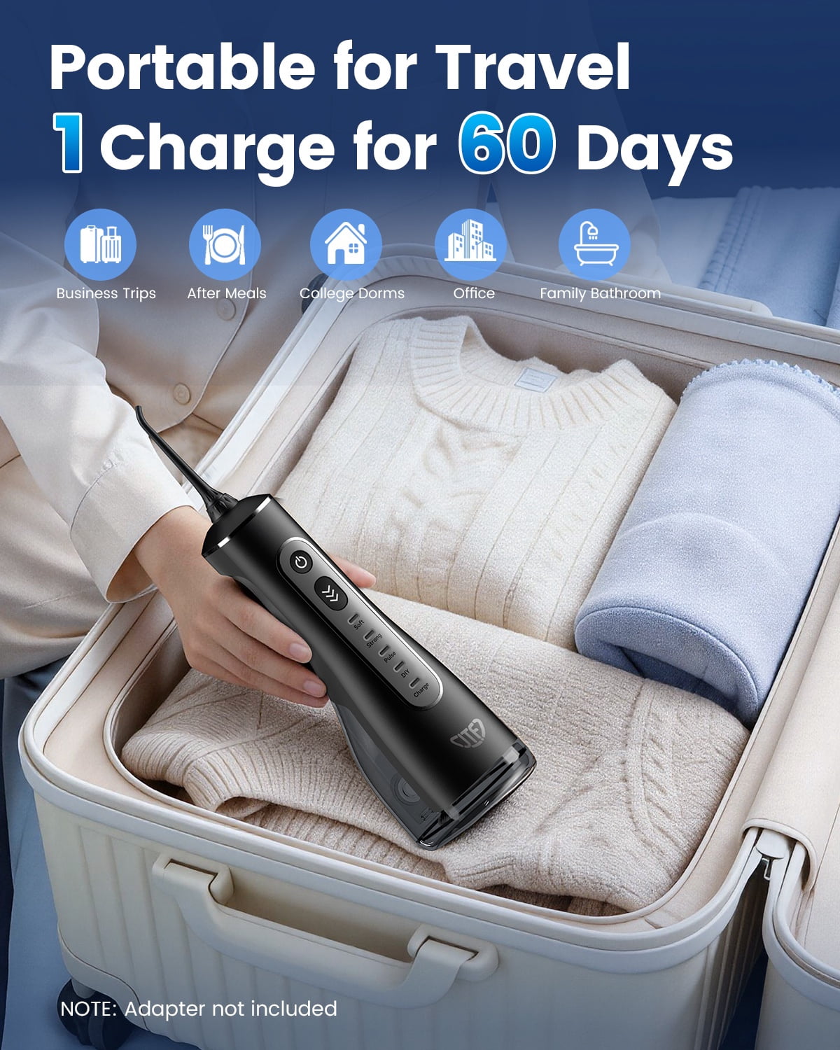 JTF Cordless Water Flosser for Teeth, Portable Oral Irrigator with 10 Pressure Levels and 9 Tips (Black, 10.14 fl oz) gkah9