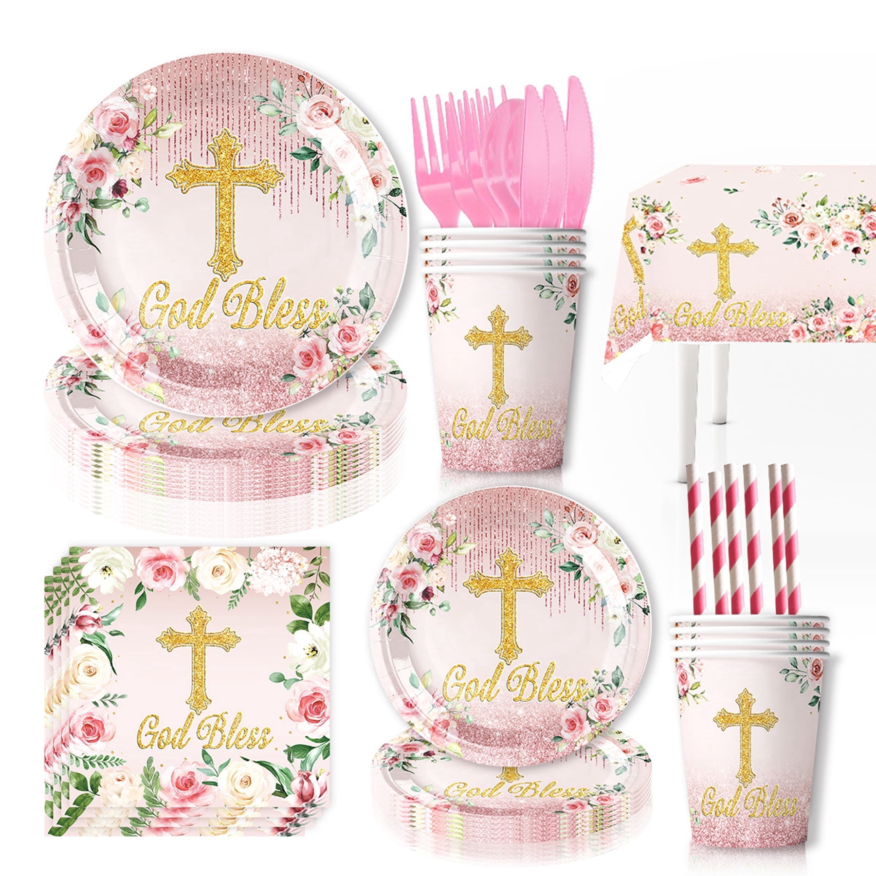 Generic God Bless Party Tableware Set, Baptism First Holy Communion Decorations (Pink, 161 Pcs) u7dx4