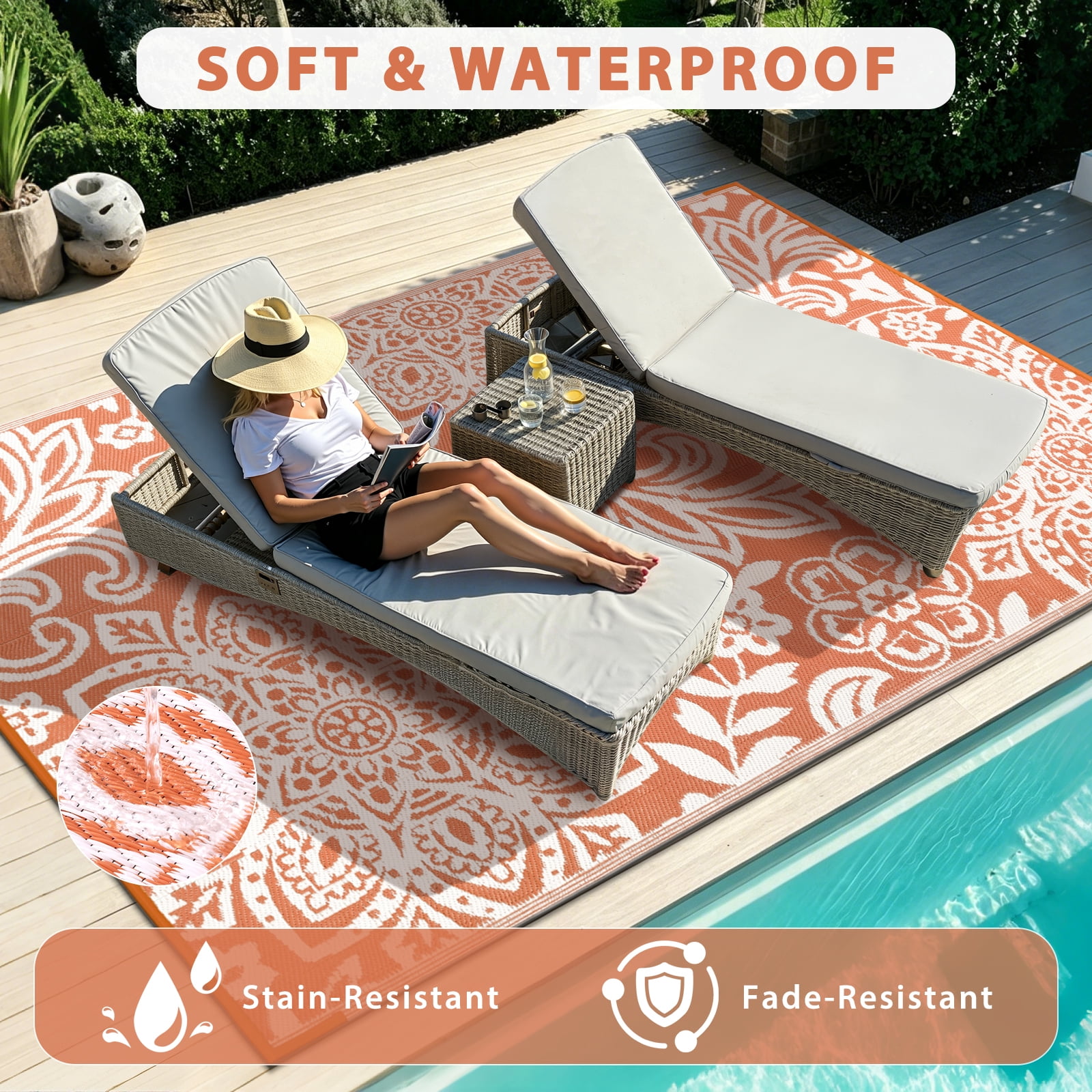 MJIAexp Reversible Outdoor Rug, Waterproof Plastic Straw Patio Mat for Camping, Deck, and Beach (Orange, 6 ft x 9 ft) 864rj