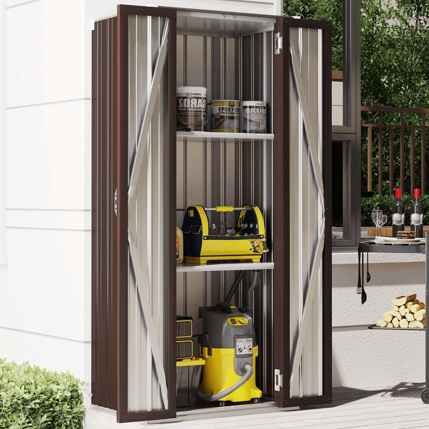 AECOJOY Outdoor Storage Cabinet Metal Organizer with Adjustable Shelves and Lockable Doors (Brown) bisja