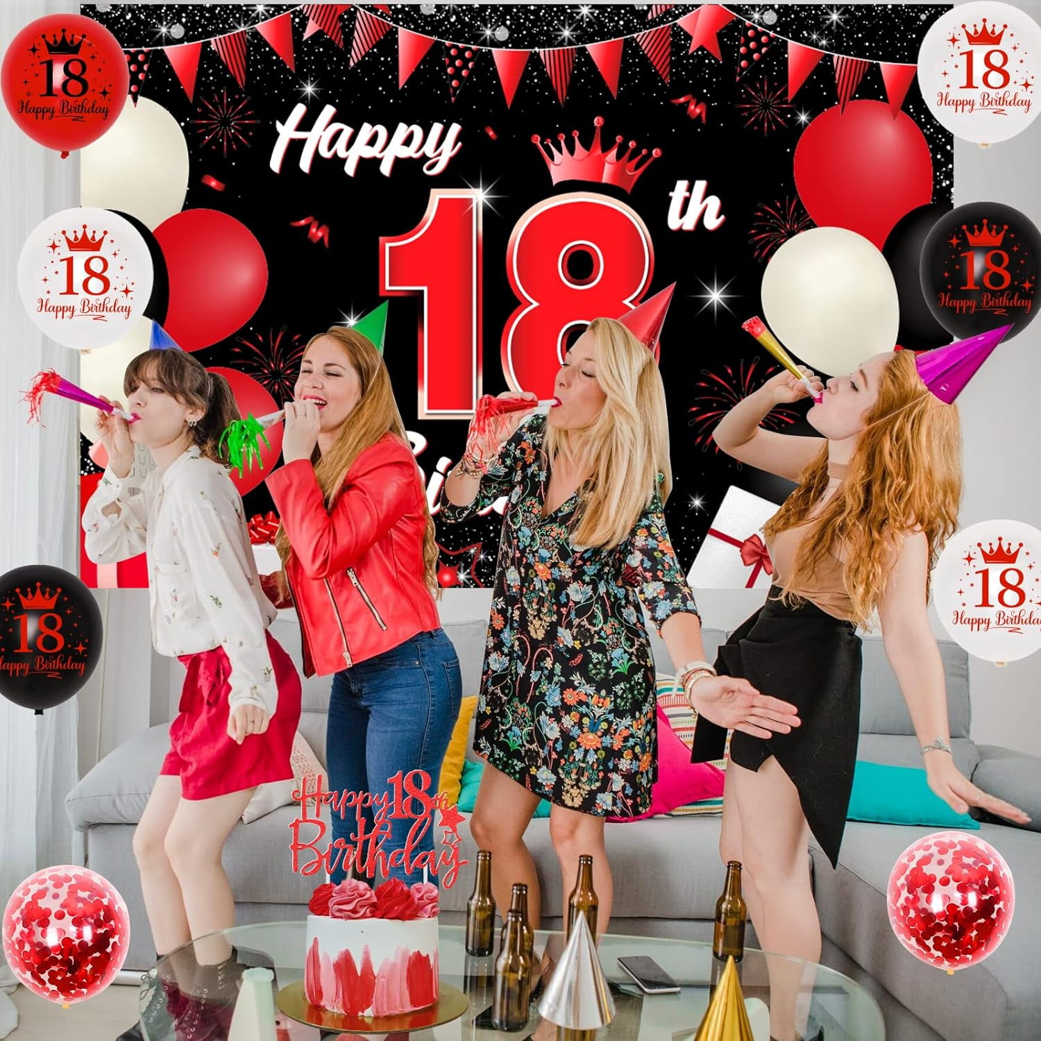 Sursurprise 18th Birthday Party Decoration Set, Red and Black Theme with Backdrop, Cake Topper, and Balloons (1 Set) jg0lh