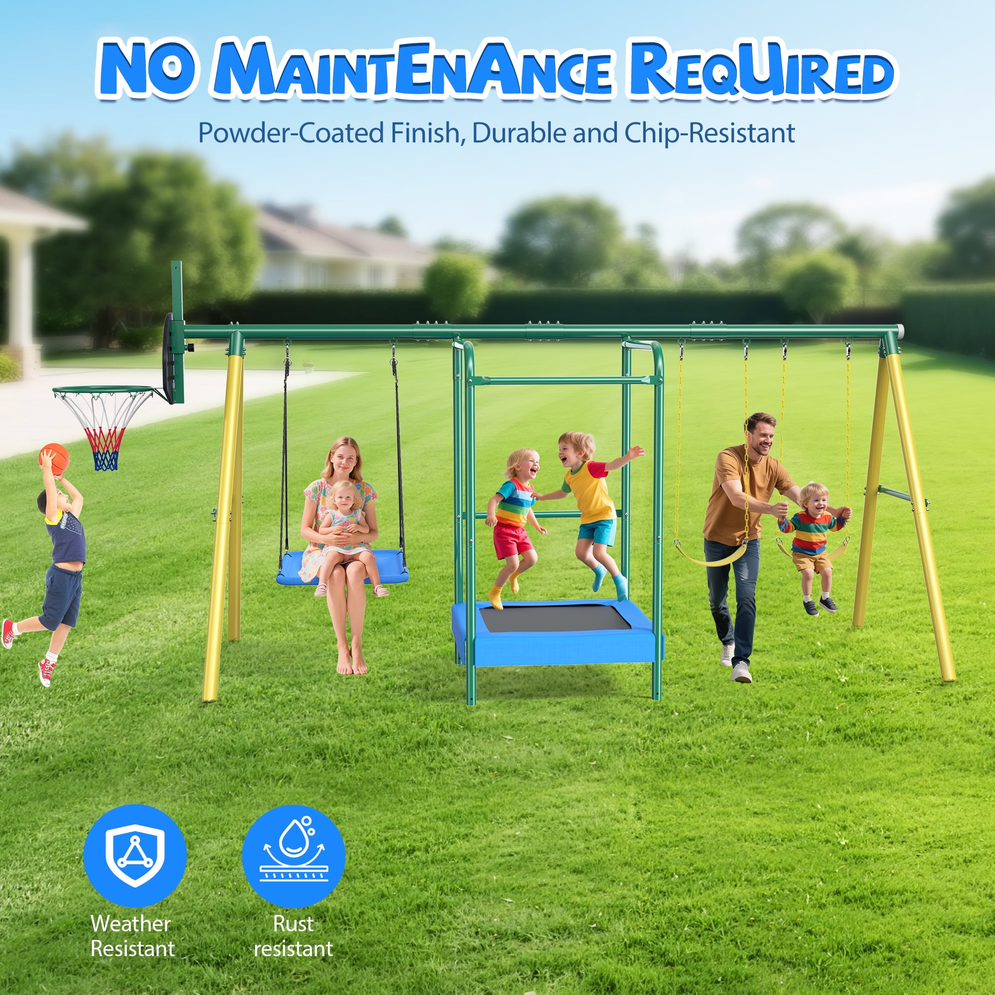 Easoger Metal Swing Set for Backyard, Heavy-Duty Outdoor Kids Playset with Trampoline, Platform Swing, 2 Swings and Basketball Hoop (11.1 ft L x 8.3 ft W x 6.1 ft H) mry3p