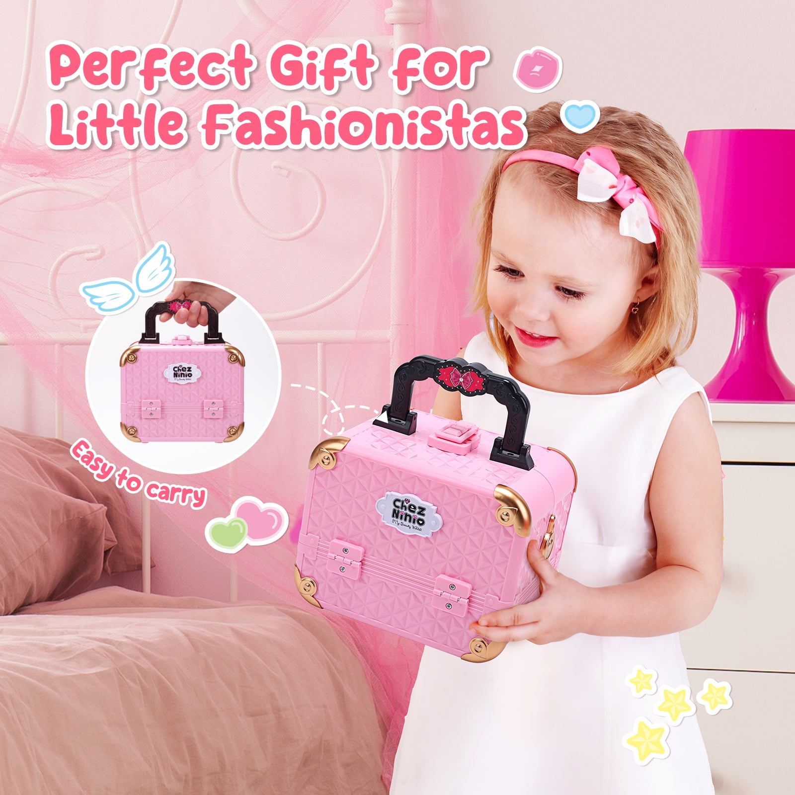 JoyStone Kids Washable Makeup Kit, Pretend Play Vanity Set with Carrying Case (Pink, 62-Piece Set) 6yhxu