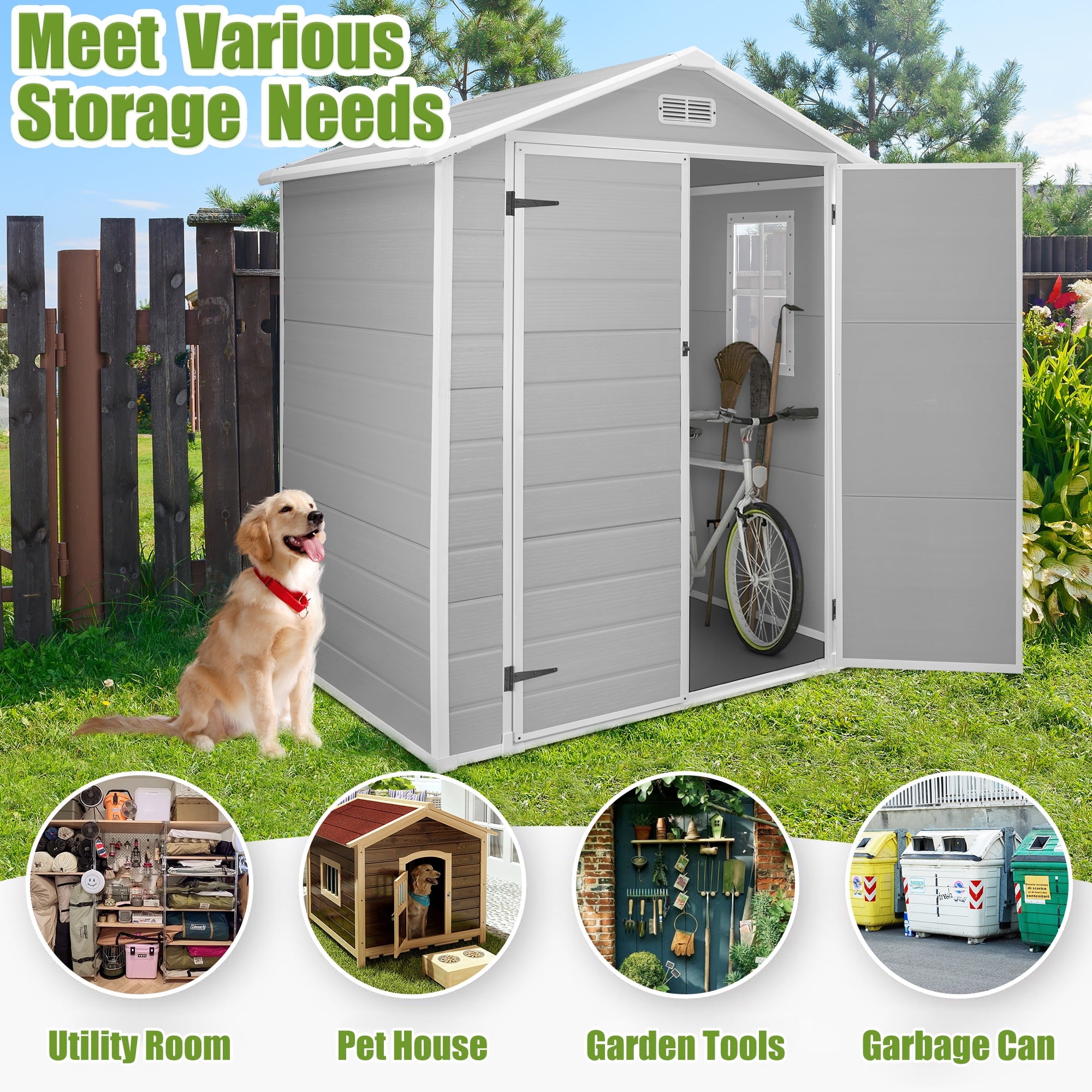 Enyopro Outdoor Storage Shed, All-Weather Resin Tool Shed with Floor and Double Lockable Doors (Grey, 6 ft x 4.4 ft) 6po0j