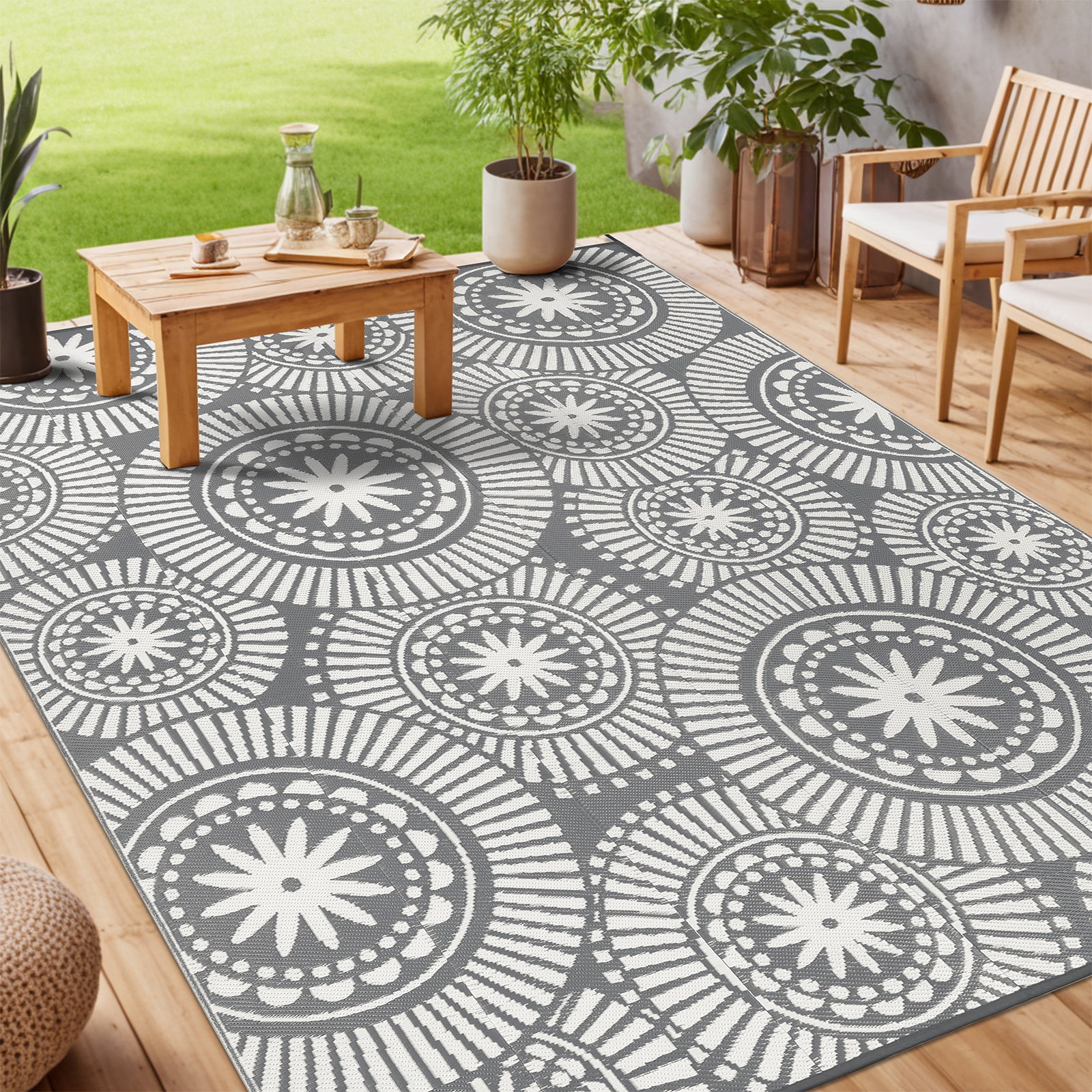 Ileading Reversible Outdoor Rug Floral Waterproof Patio Carpet (Grey, 6 ft Round) dj9ak