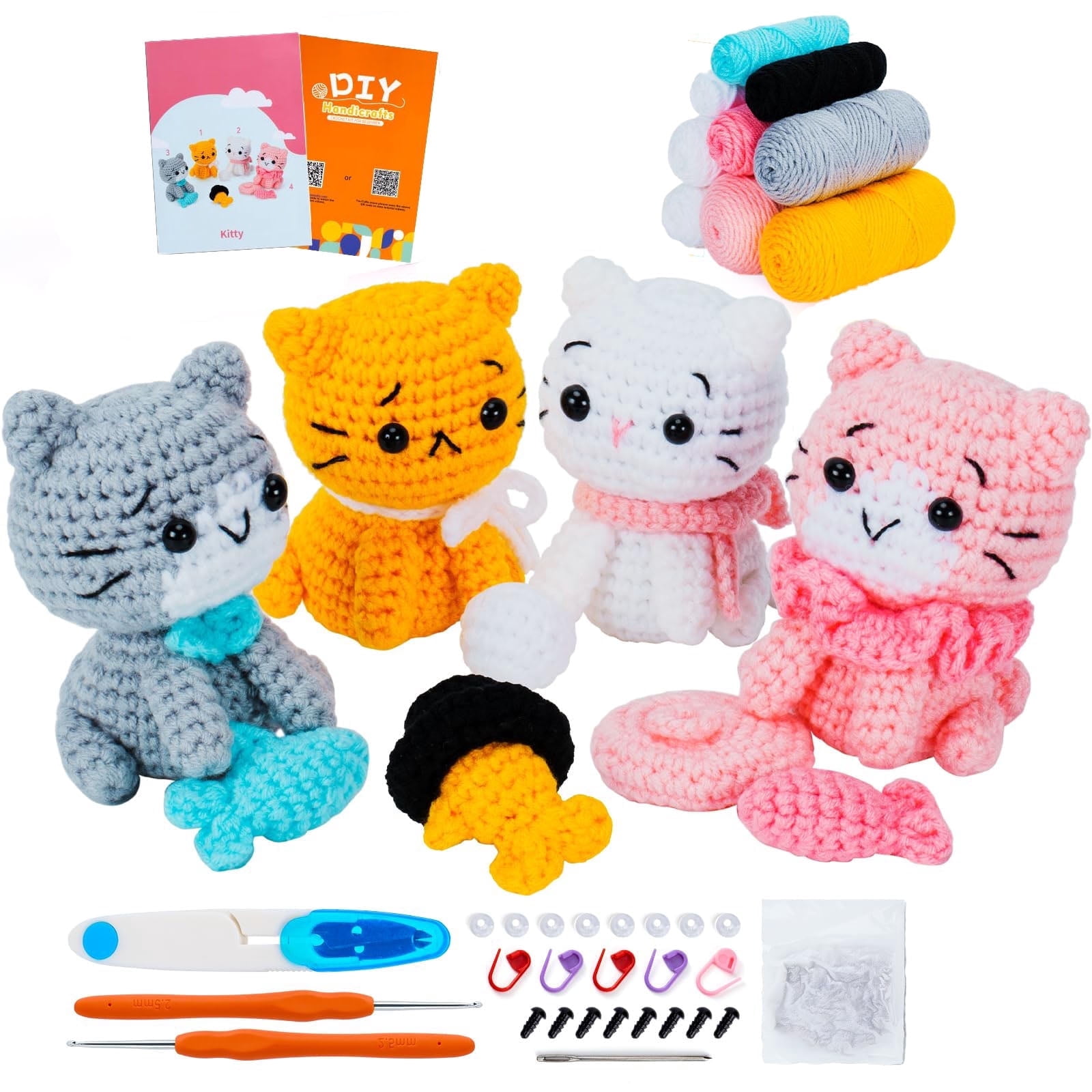 Generic Crochet Kit for Beginners (4 Cats DIY Craft Knitting Set, Multi-Color, 1 Set) fh3e3