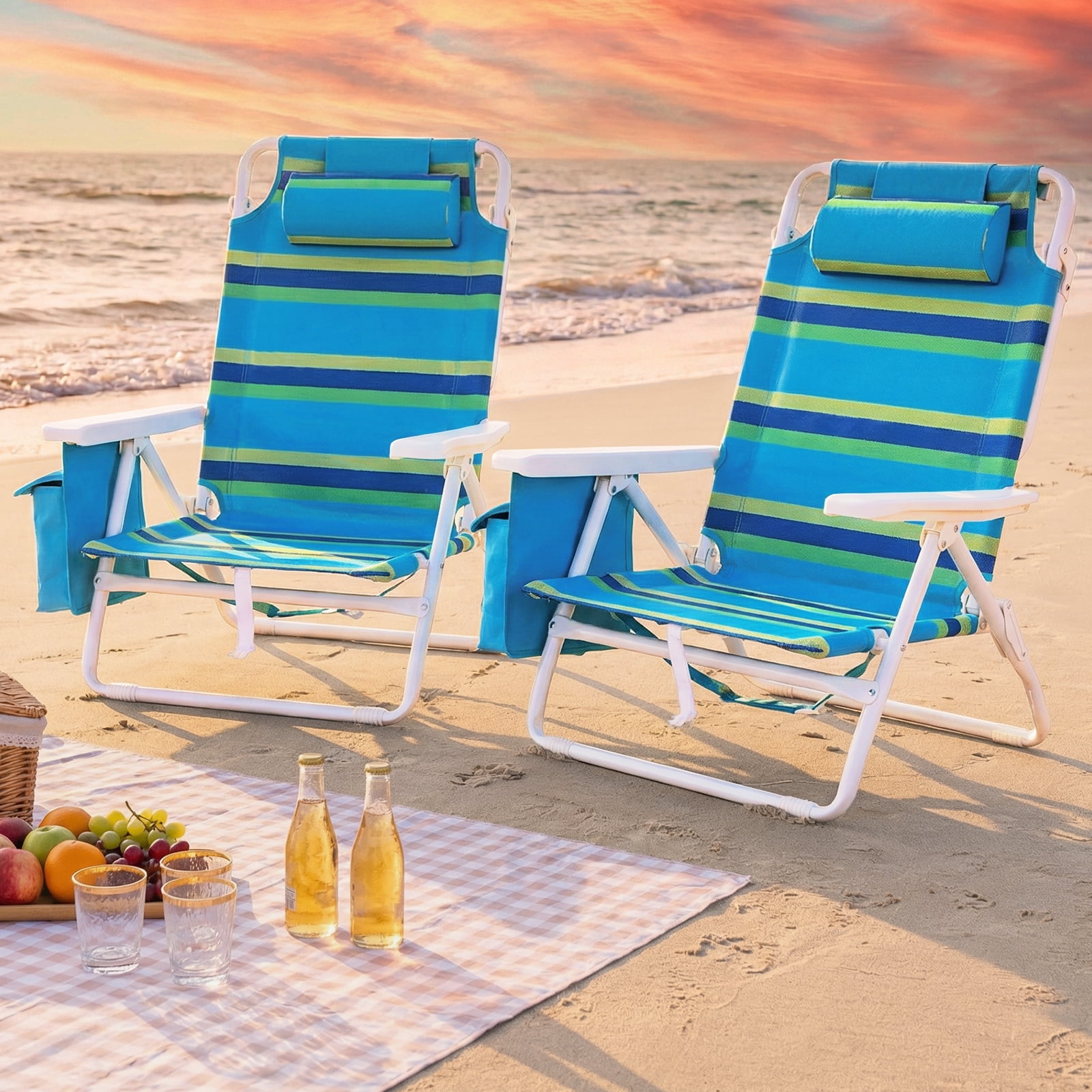 TLSUNNY 5-Position Folding Beach Chair with Cooler Pouch and Towel Bar (Green, 2 Pack) q1ay7