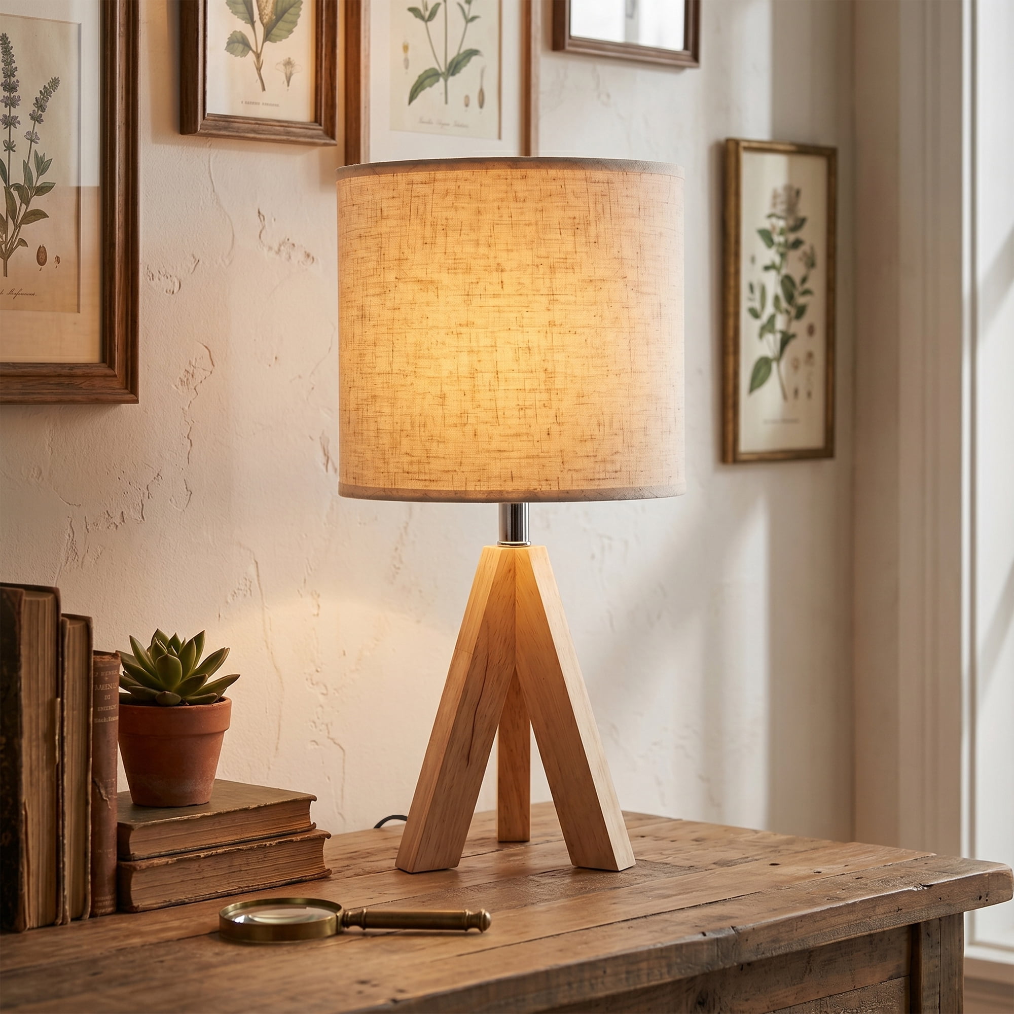 DAYBETTER Modern Wooden Tripod Table Lamp with 3 Color Temperatures (Light Brown, 15 in) pg1gx