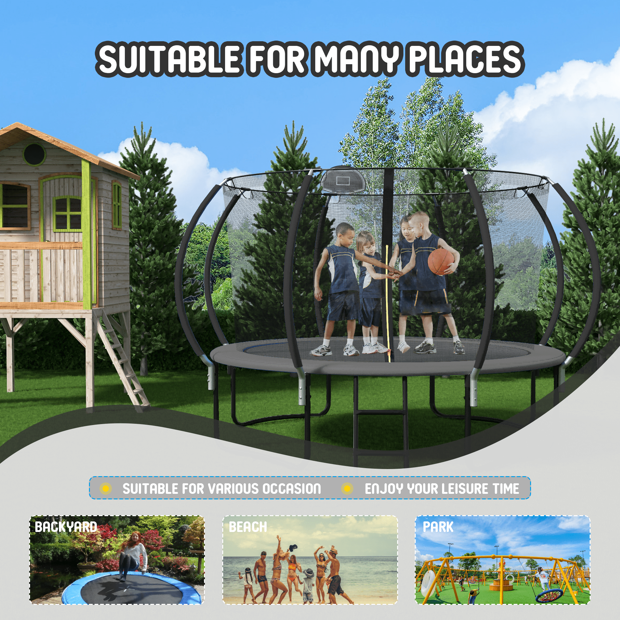 Shengchao Trade 12ft Recreational Trampoline with Safety Enclosure, Basketball Hoop, and Ladder (Black, 1000 lb) ojoir