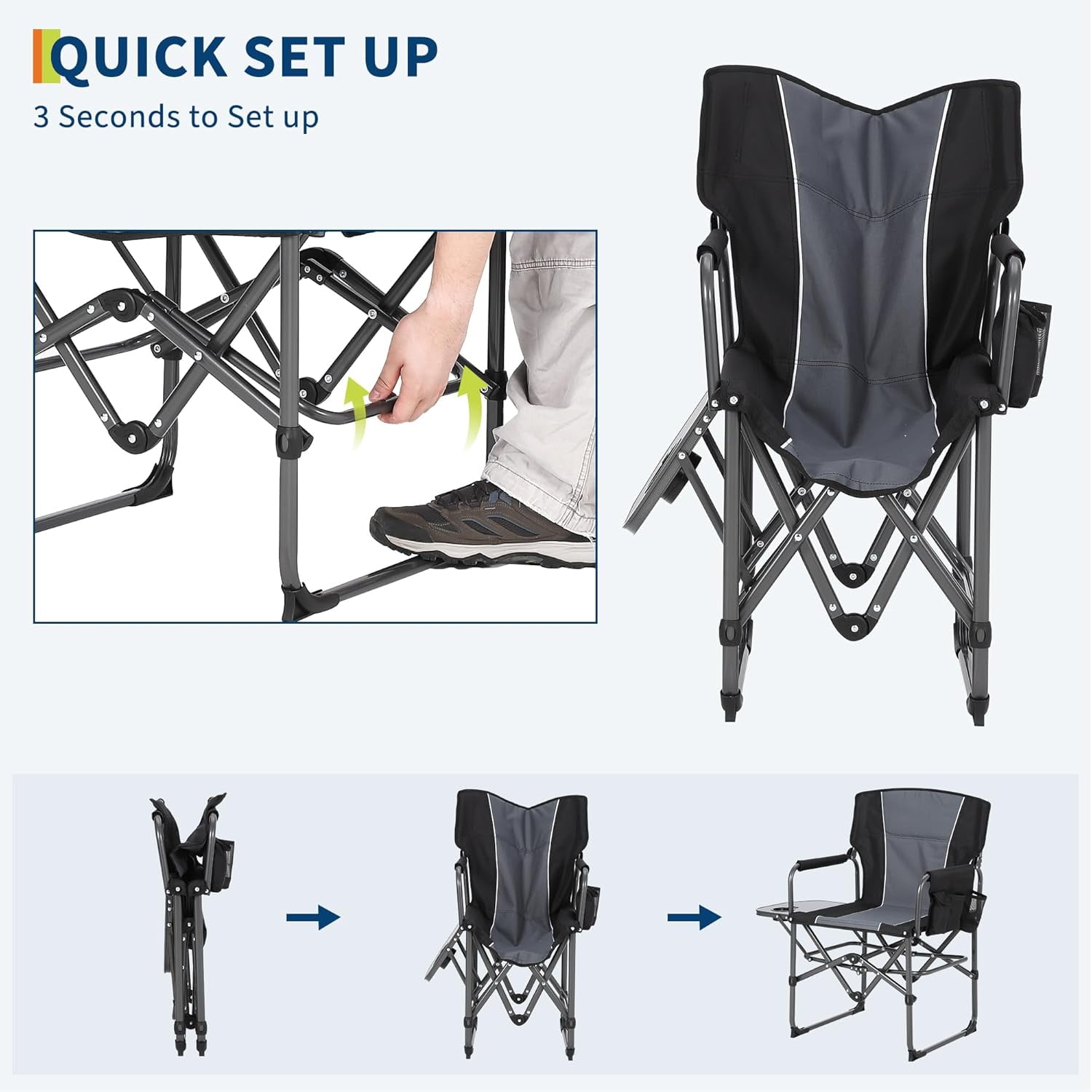 Acekid Heavy Duty Oversized Camping Chair with Side Table and Storage Pocket (Black, 400 lb Capacity) rdt2l