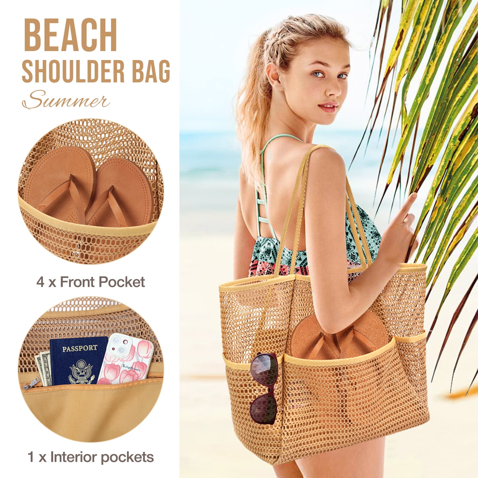 Gocvo Mesh Beach Bag for Women, Large Foldable Swim Tote with Pockets (Beige, 17 x 6.2 x 14 in) k1fg4 - Image 2