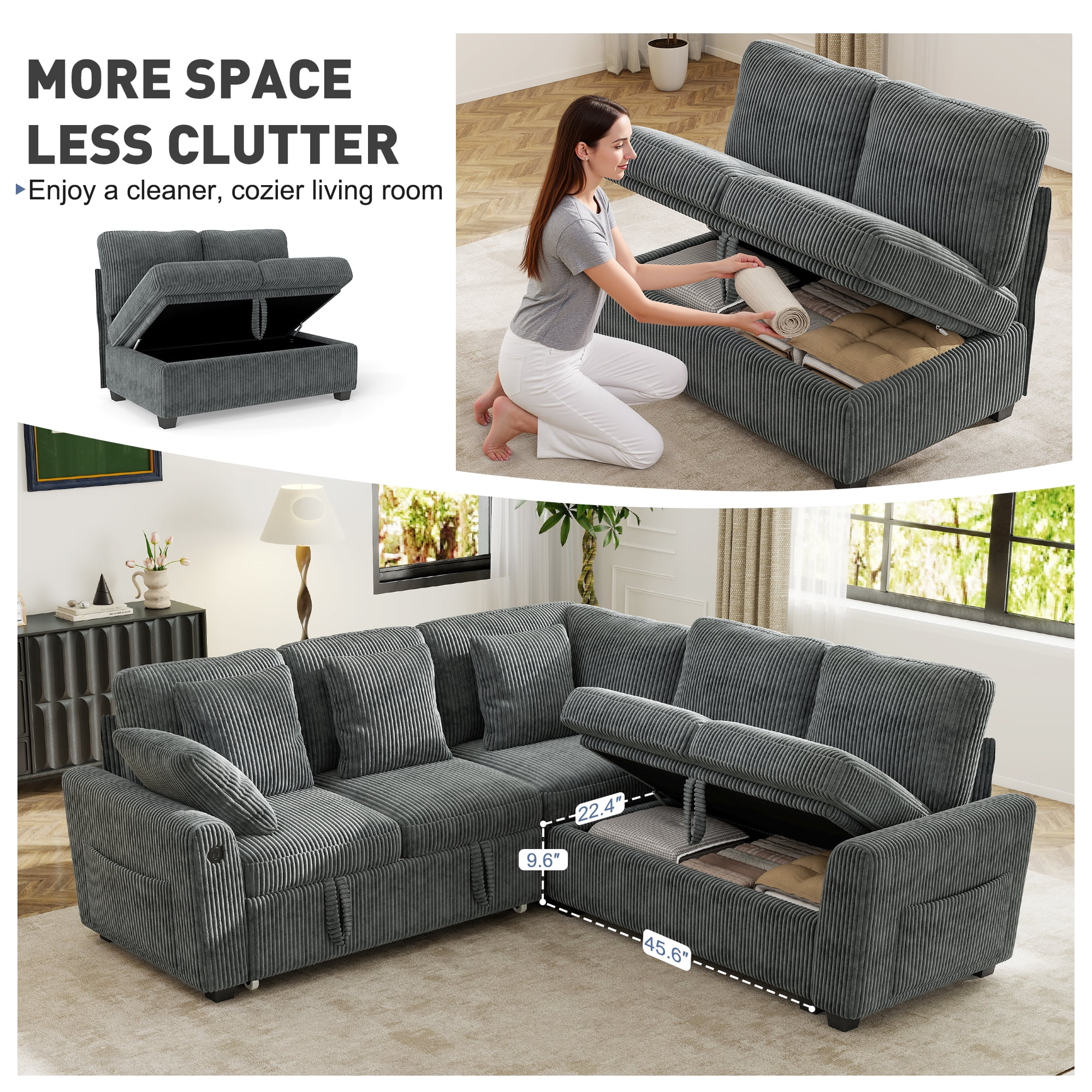 BedLuxury Sectional Sleeper Sofa with Pull-Out Bed, Storage, and USB Charging (Corduroy Gray, 83 in) hox21