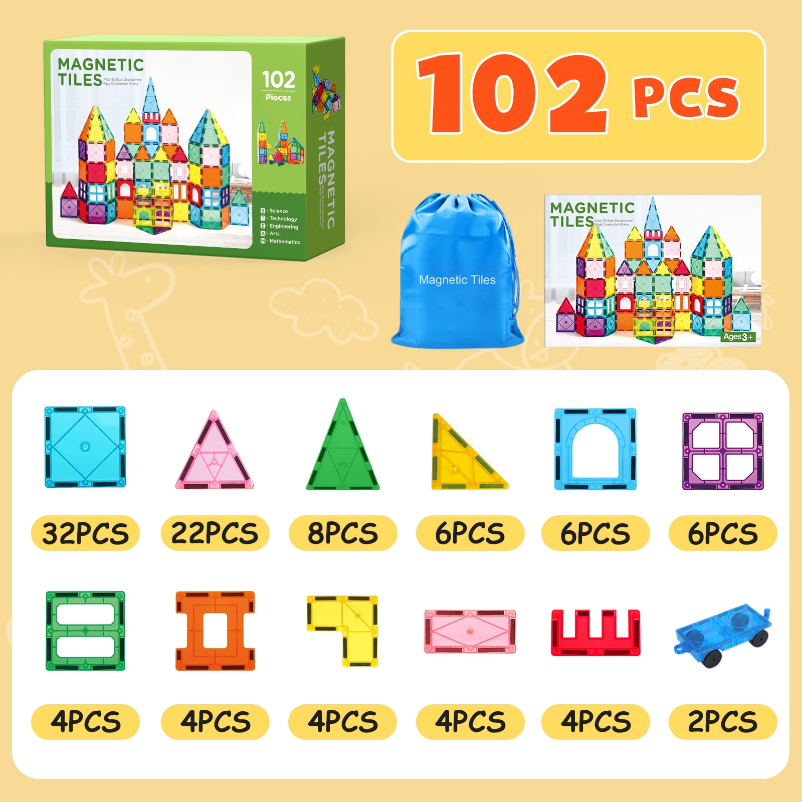 FunMagic Magnetic Tiles Building Set, 3D STEM Stacking Blocks for Creative Play (Yellow, 102 Pieces) arb85