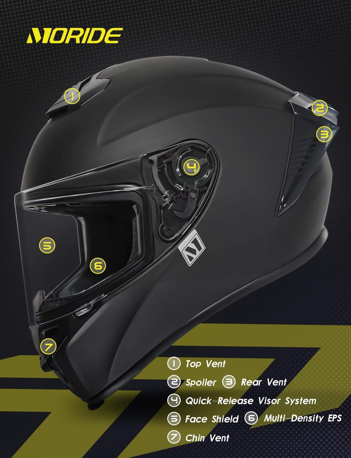 Moride Full Face Motorcycle Helmet with Aerodynamic Spoiler (Black, Large) u3xj8