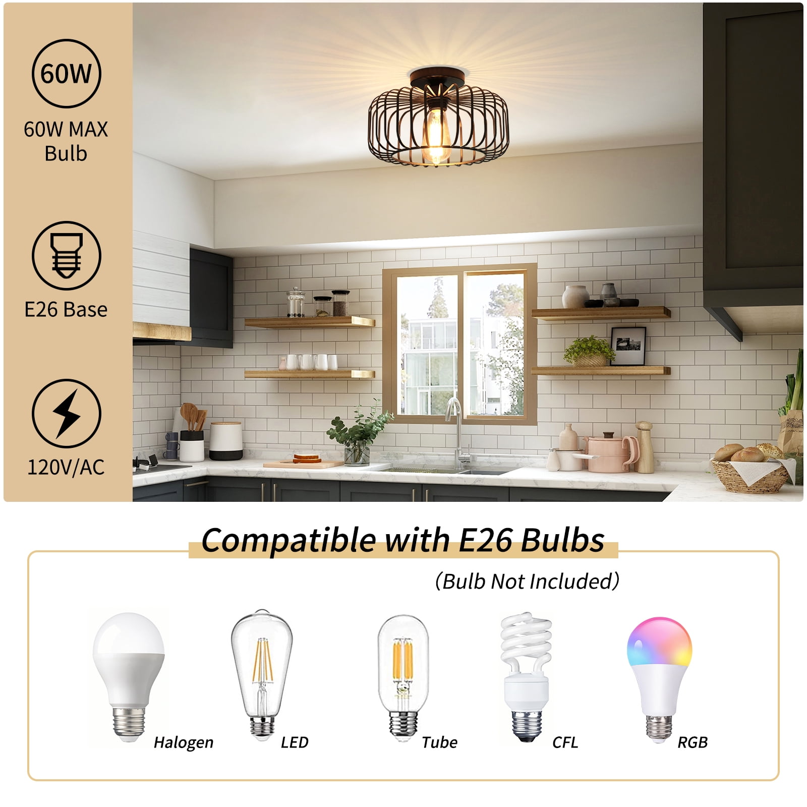 FRIDEKO HOME Modern Semi Flush Mount Ceiling Light, Industrial Metal Cage Fixture for Bedroom and Kitchen (Black, 11.22 in) 9jqjf