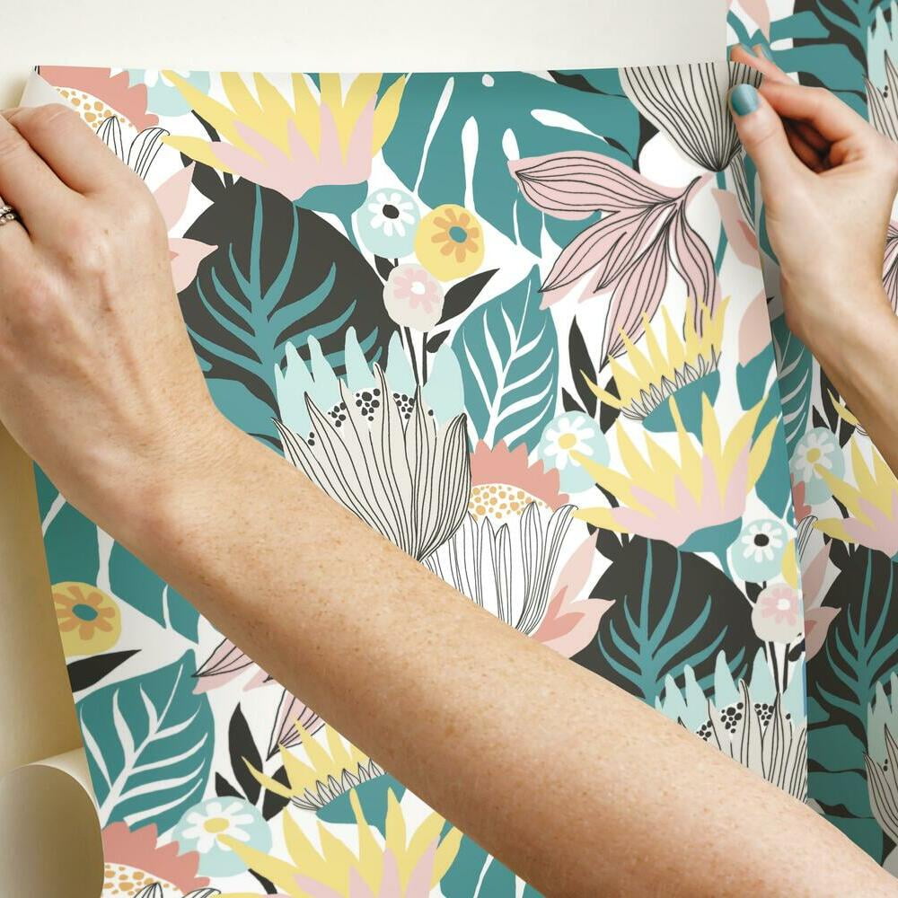 RoomMates Retro Tropical Leaves Peel and Stick Wallpaper (Pink, 20.5 in x 16.5 ft) jncuq