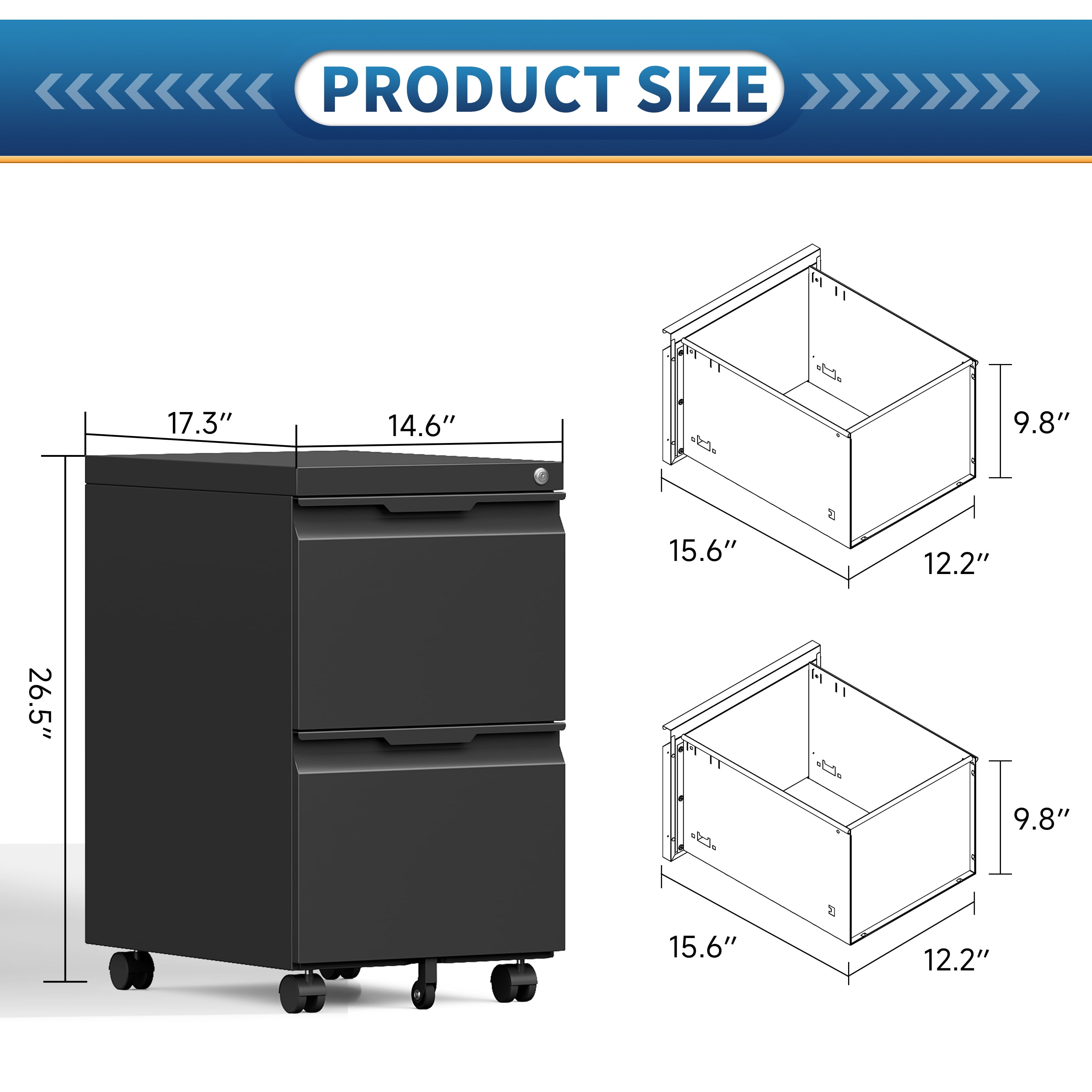 Kooyon 2-Drawer Metal File Cabinet with Lock, Rolling Under Desk Storage Organizer (Black, 14.6 in x 17.3 in x 26.5 in) b5zp3