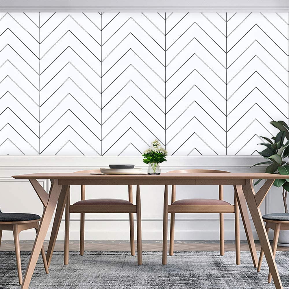 Haokhome Geometric Herringbone Peel and Stick Wallpaper Modern Trellis Self-Adhesive Contact Paper (Black and White, 17.7 in x 9.8 ft) 8ygyc