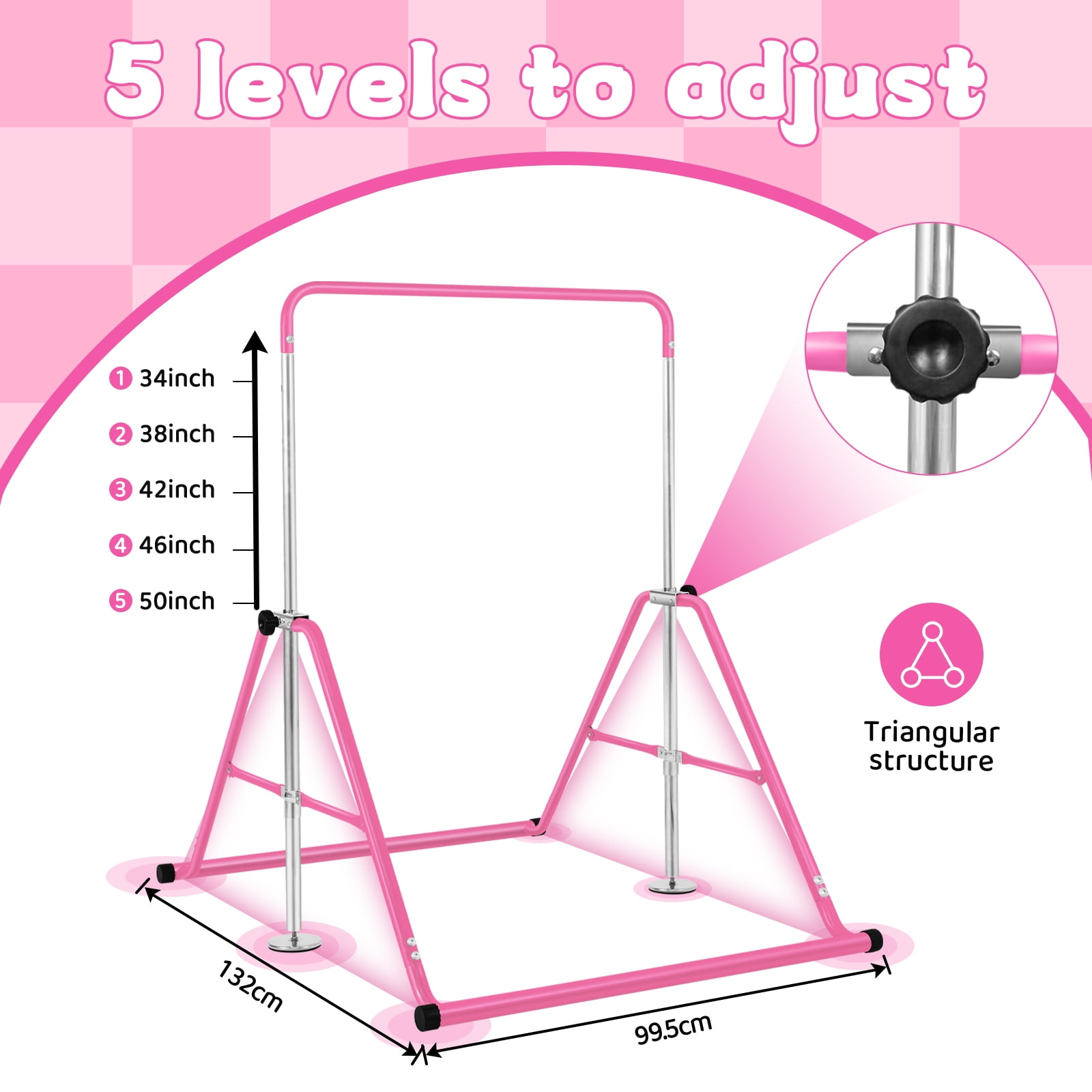 Primy Gymnastics Bar for Kids, Height Adjustable Horizontal Training Bar, Foldable Home Exercise Equipment (Pink, 150 lb Capacity) zca0t