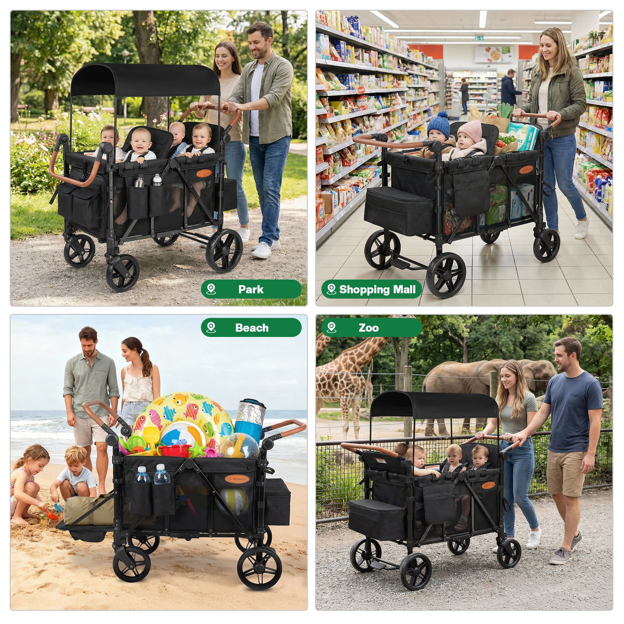 Vomeast 4-Seater Wagon Stroller for Kids, All-Terrain Outdoor Utility Stroller with Canopy and 5-Point Harness (Black, 41.34 x 28.35 x 53.94 in) 1xner