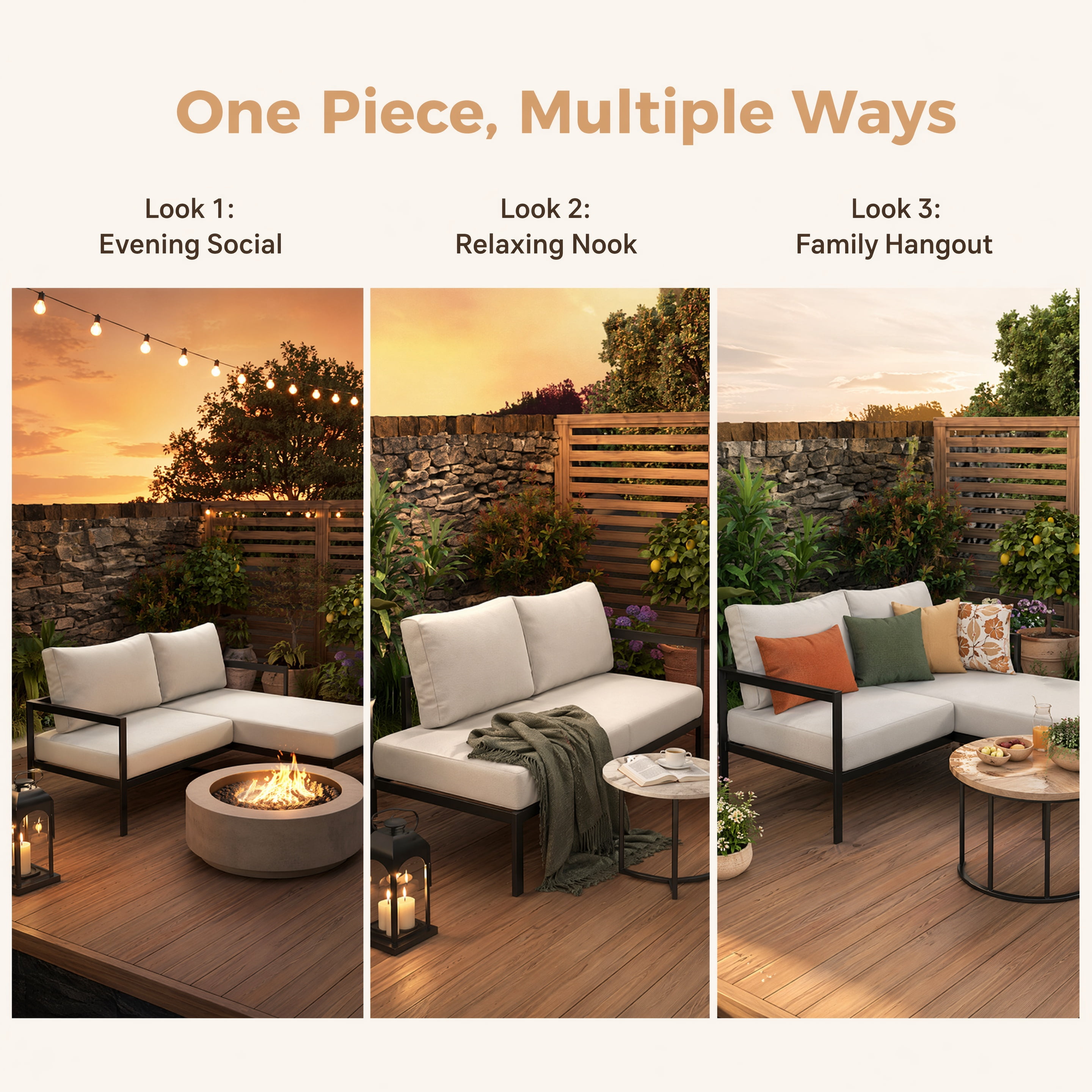 Cozynest L-Shaped Outdoor Patio Sofa Set, Weather-Resistant Iron Frame Sectional Couch with 5.9 in Thick Cushions (Beige, 3-Seat) 67d8m