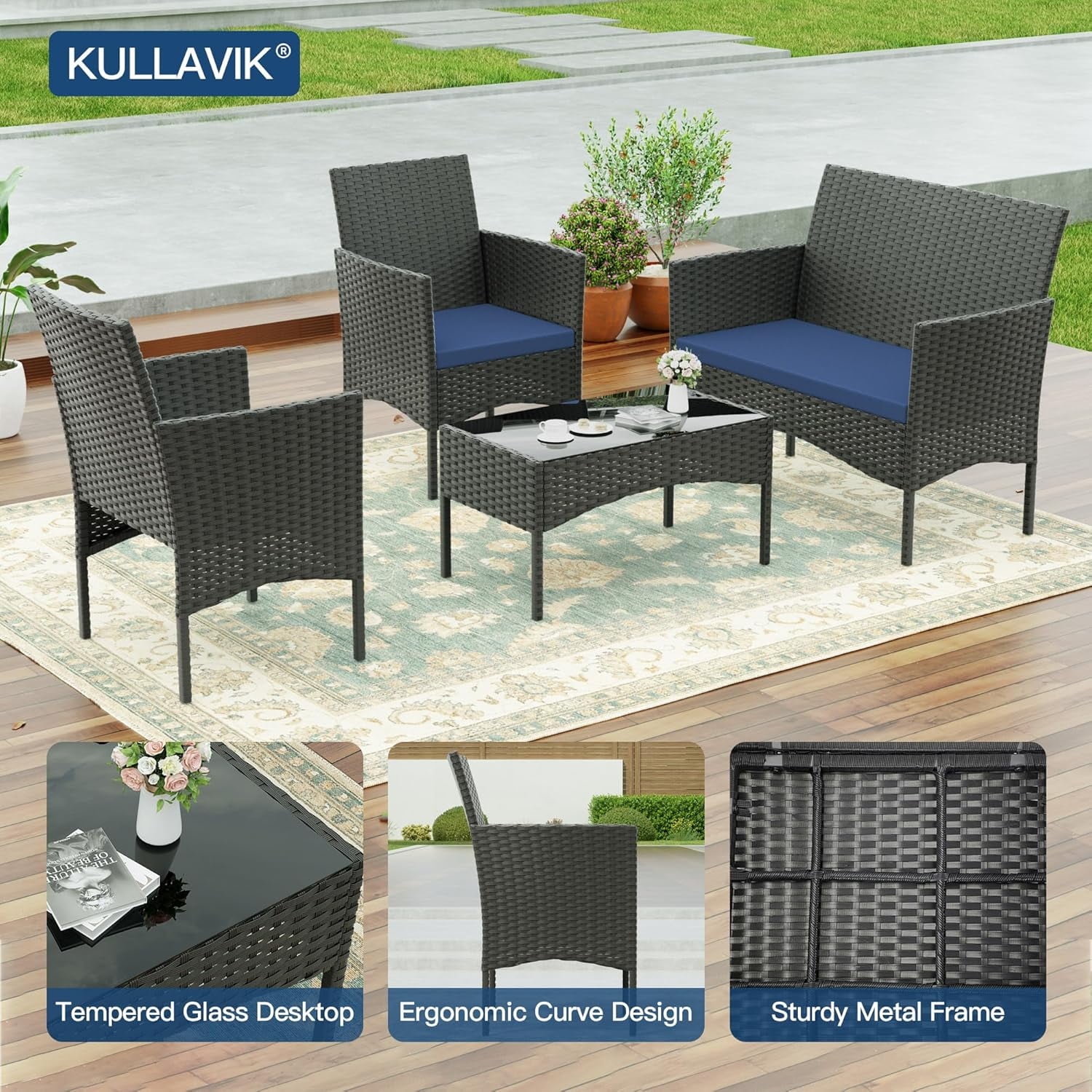 Kullavik 4-Piece Outdoor Patio Furniture Set, PE Wicker Rattan Conversation Set with Tempered Glass Table and Cushions (Navy Blue, 4-Piece Set) 1afkf