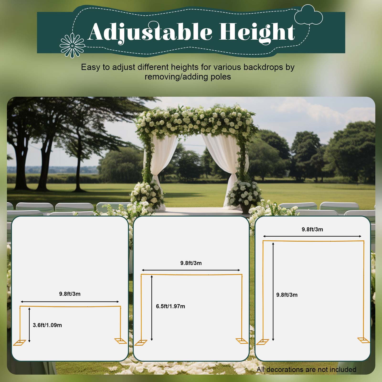 YIYIBYUS Wedding Arch Backdrop Stand, Heavy-Duty Adjustable Square Metal Frame for Ceremony and Party Decor (Gold, 9.8x9.8 ft) a763a