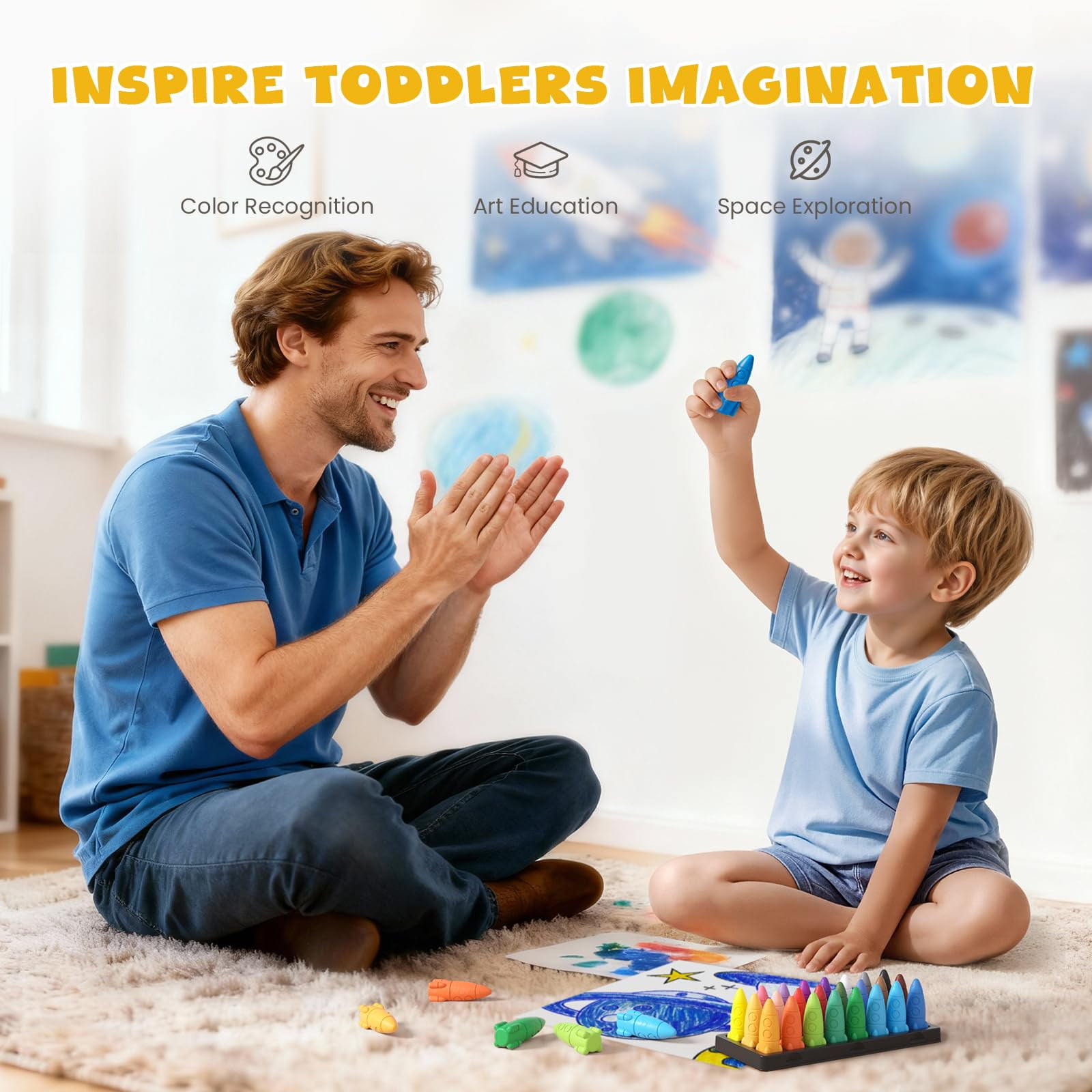 Jupitearth Washable Rocket Crayons for Toddlers, Non-Toxic Easy-to-Hold Art Supplies for Kids (Multicolor, 24 Ct) kl35i