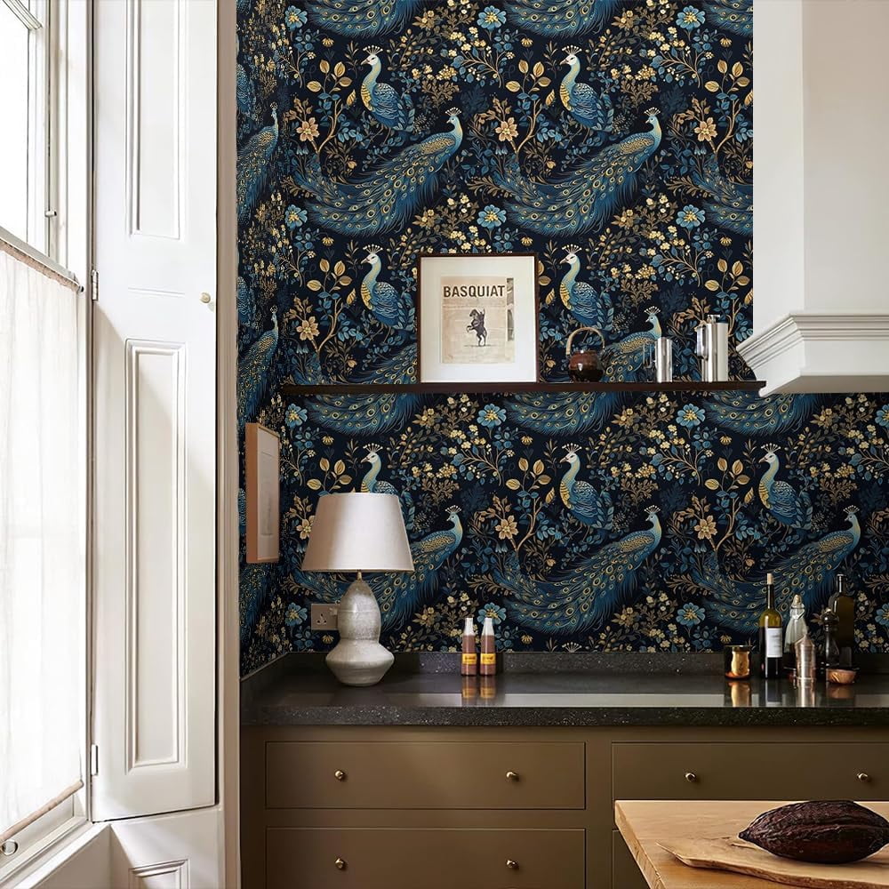 Usachibb Peel and Stick Wallpaper Vintage Peacock Floral Contact Paper for Furniture and Walls (Gold, 17.7 in x 118.1 in) 5b86z