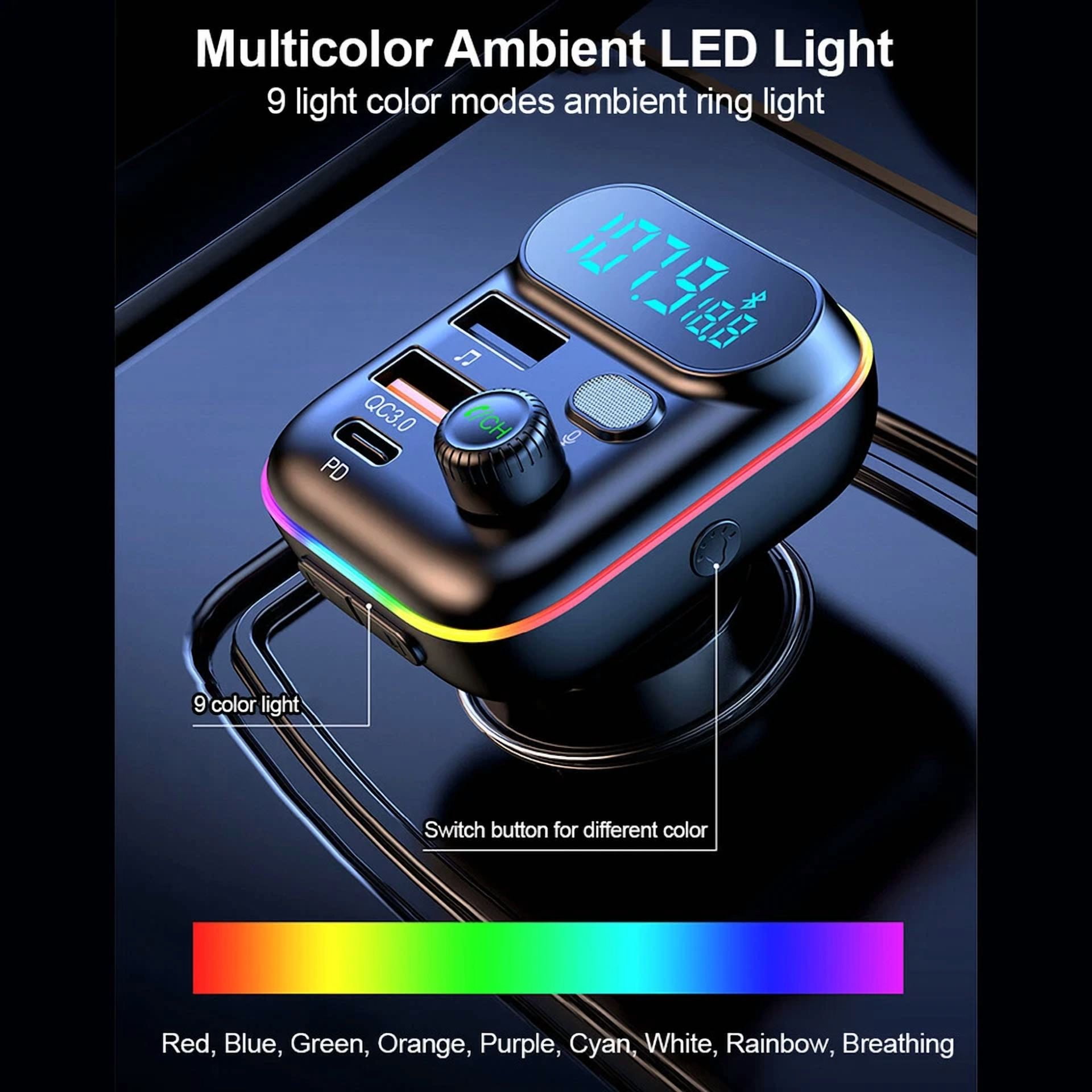 Rhea Bluetooth Car Adapter FM Transmitter with USB PD Charging and Hands-Free Calling (Black, 1 Pack) 23p1f