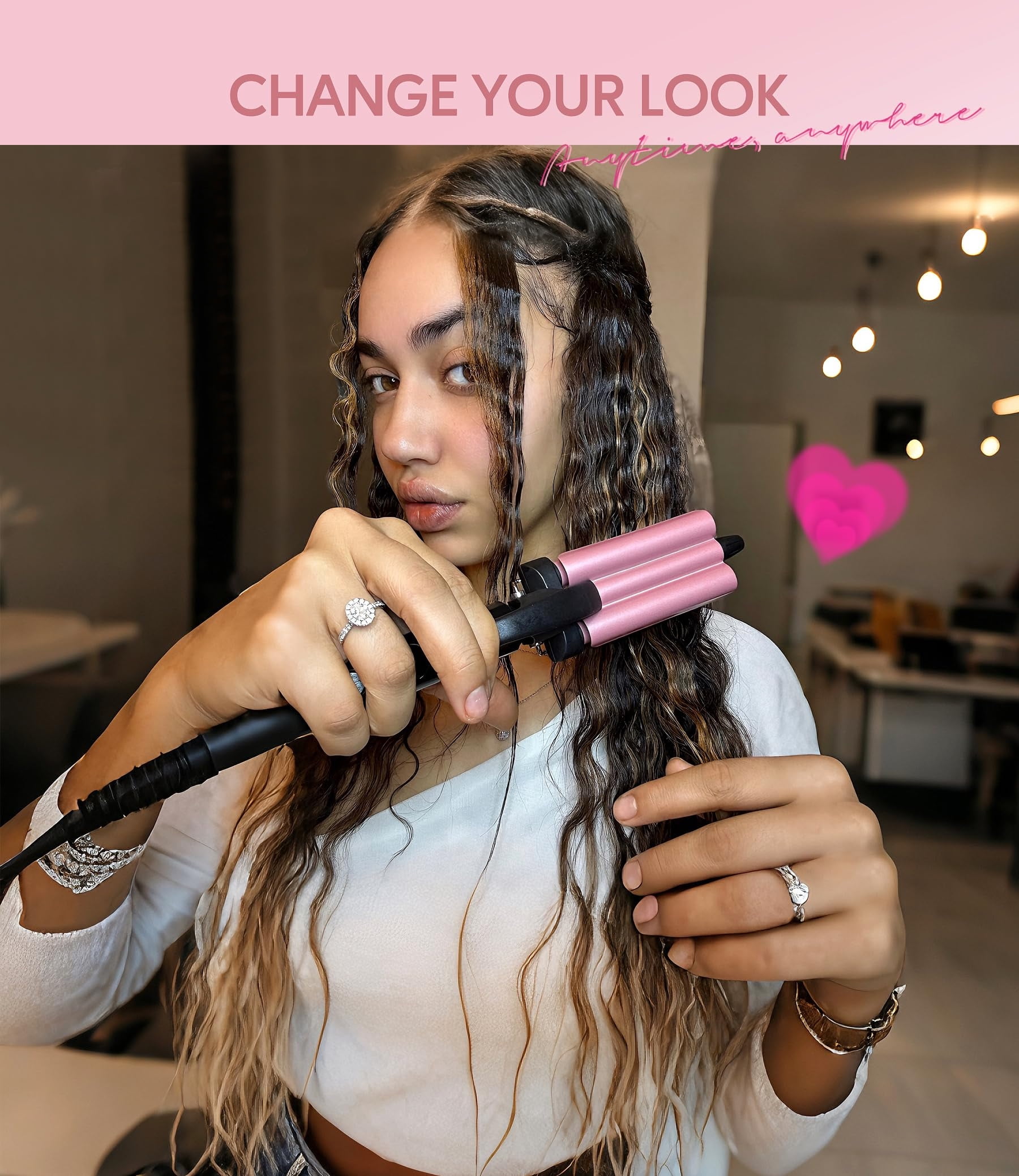 Farery Mini Hair Crimper, 3-Barrel Waver for Textured Waves and Volume (Rose Pink, 9.5 in) zwu4c