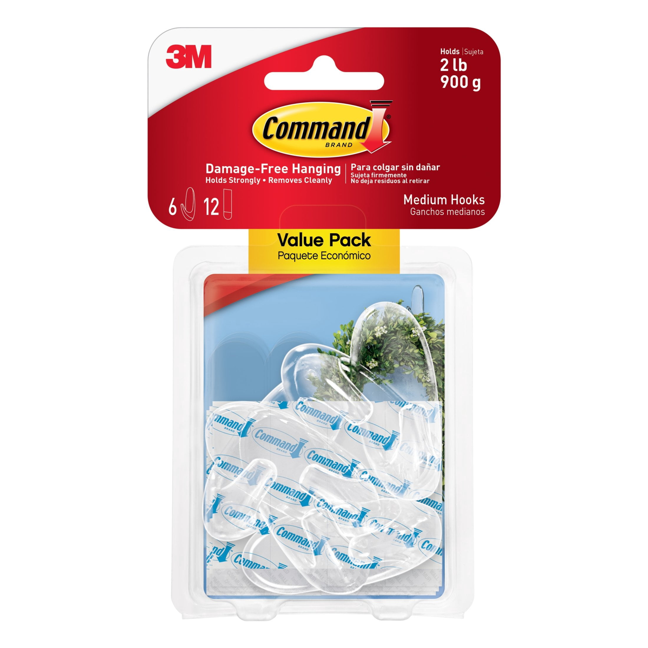 Command Medium Adhesive Hooks, Damage-Free Wall Hanging, Clear (6 Hooks, 12 Strips, Holds 2 lb) pi24j