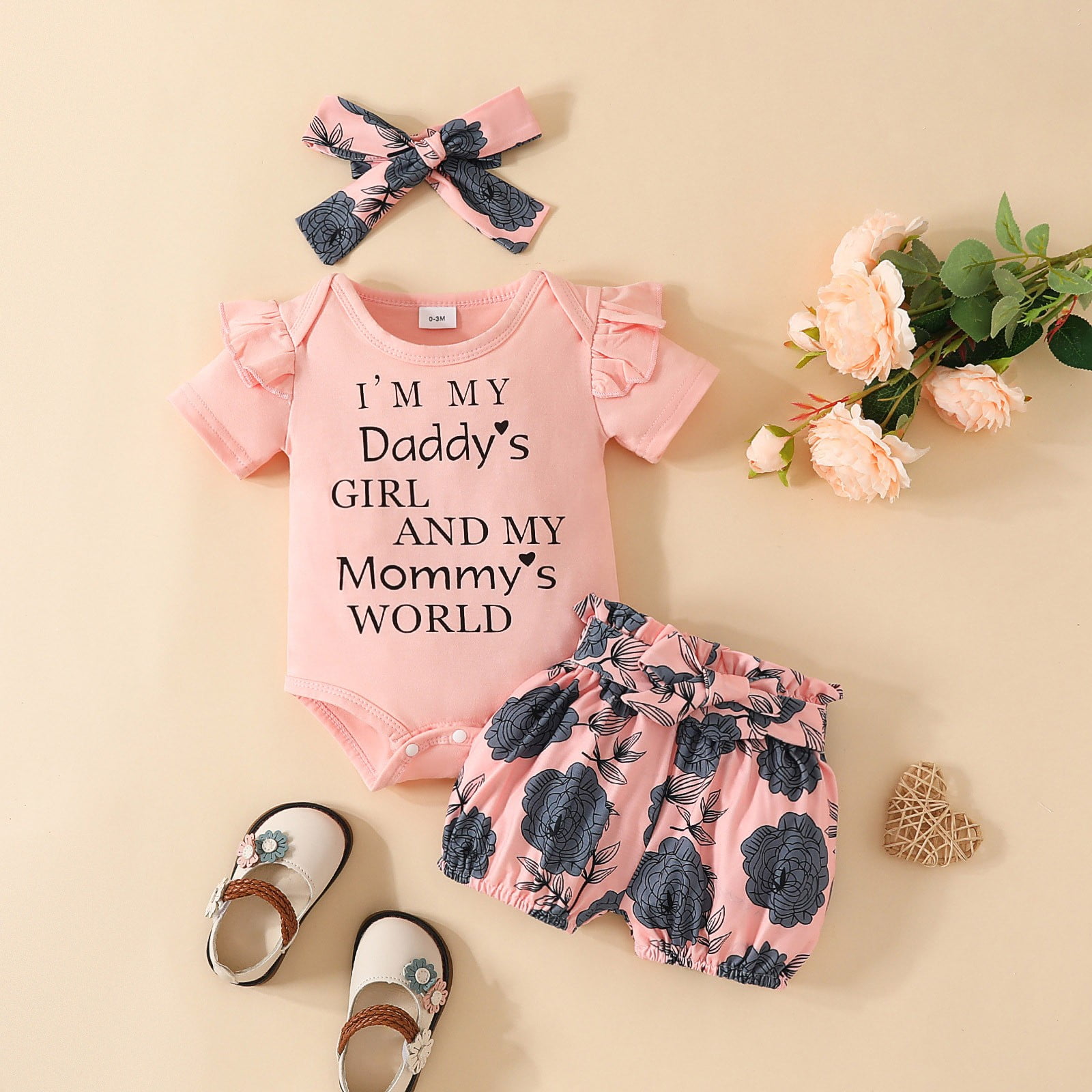 Qopobobo Toddler Girl Summer Outfit Short-Sleeve Romper Floral Ruffled Shorts Headband Set (Light Pink, 3-6 Months) rivki