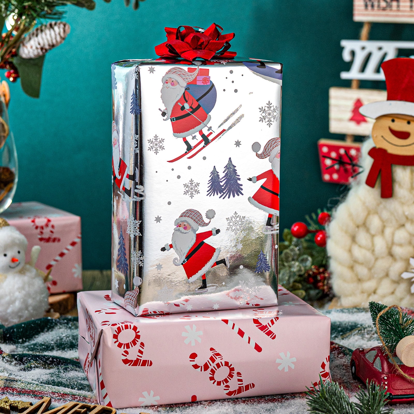 HOMERAL Christmas Wrapping Paper Roll, Festive Holiday Gift Wrap with Santa Claus and Candy Cane Patterns (White, 17 in x 33 ft) dvn11
